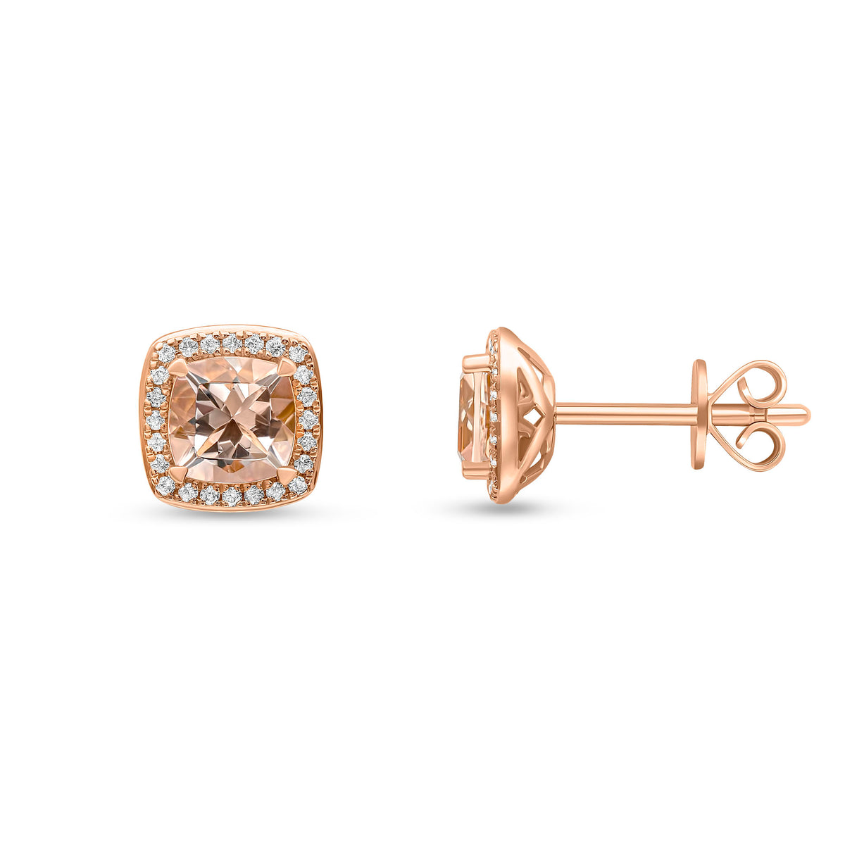 18ct Rose Gold 5mm Cushion Morganite & Diamond Claw Set Cluster Earrings