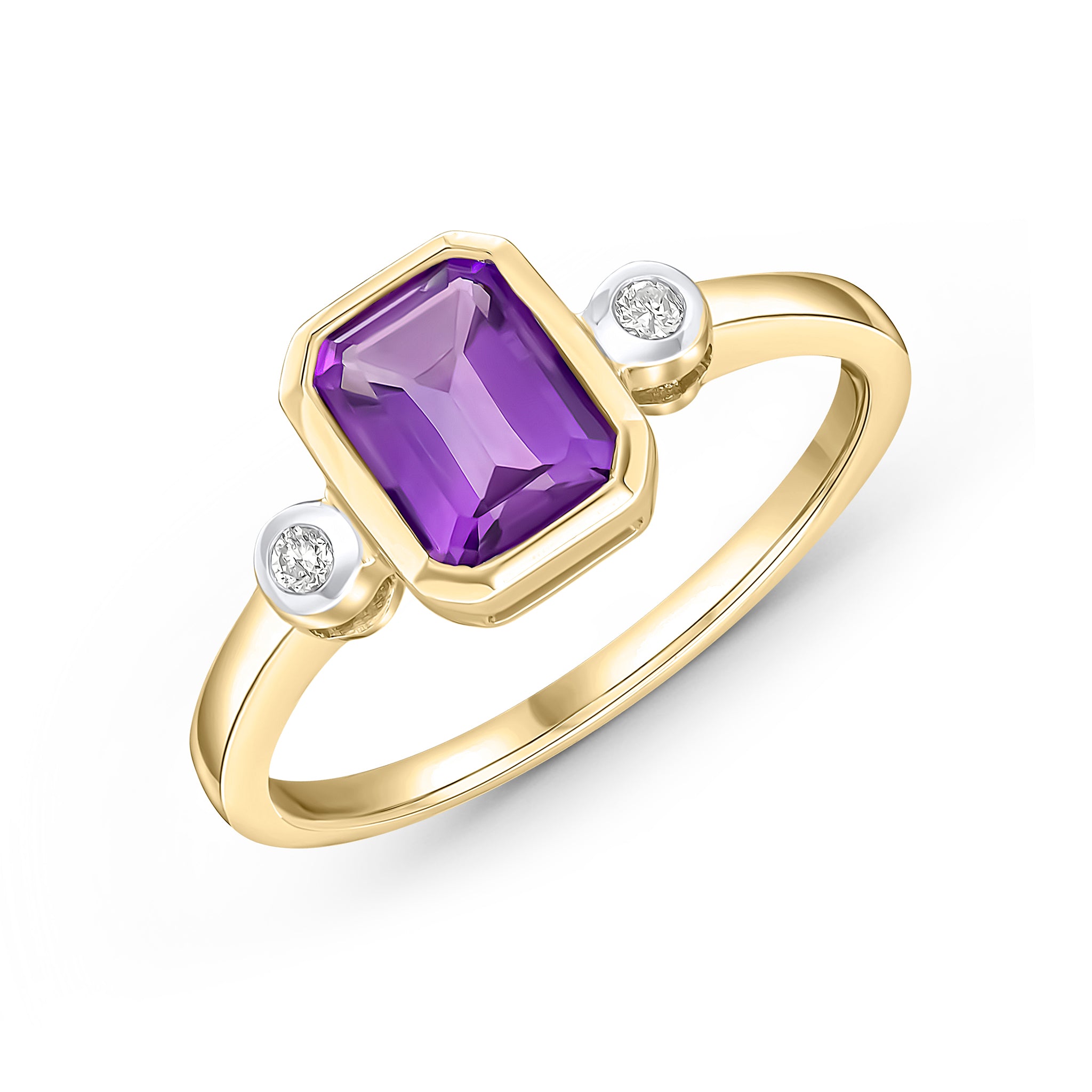 9CT YG 7X5 OCTAGON AMETHYST AND ROUND DIAMOND 3 STONE RUBOVER RING. RHODIUM TO DIAMONDS 1