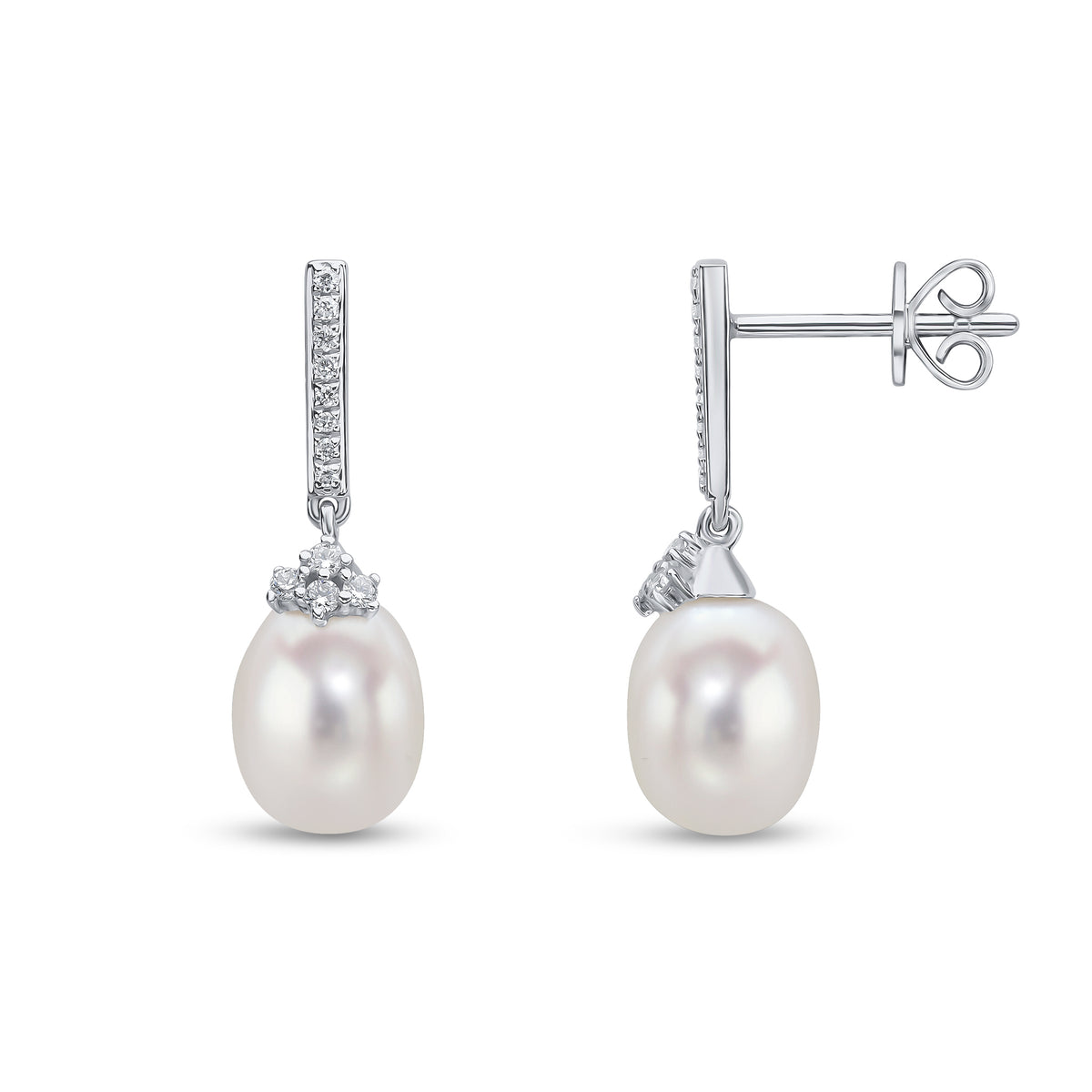18ct White Gold Cfw Pearl Round Diamond 4 Stone 'v' and Diamond Set Bar Top Drop Earrings