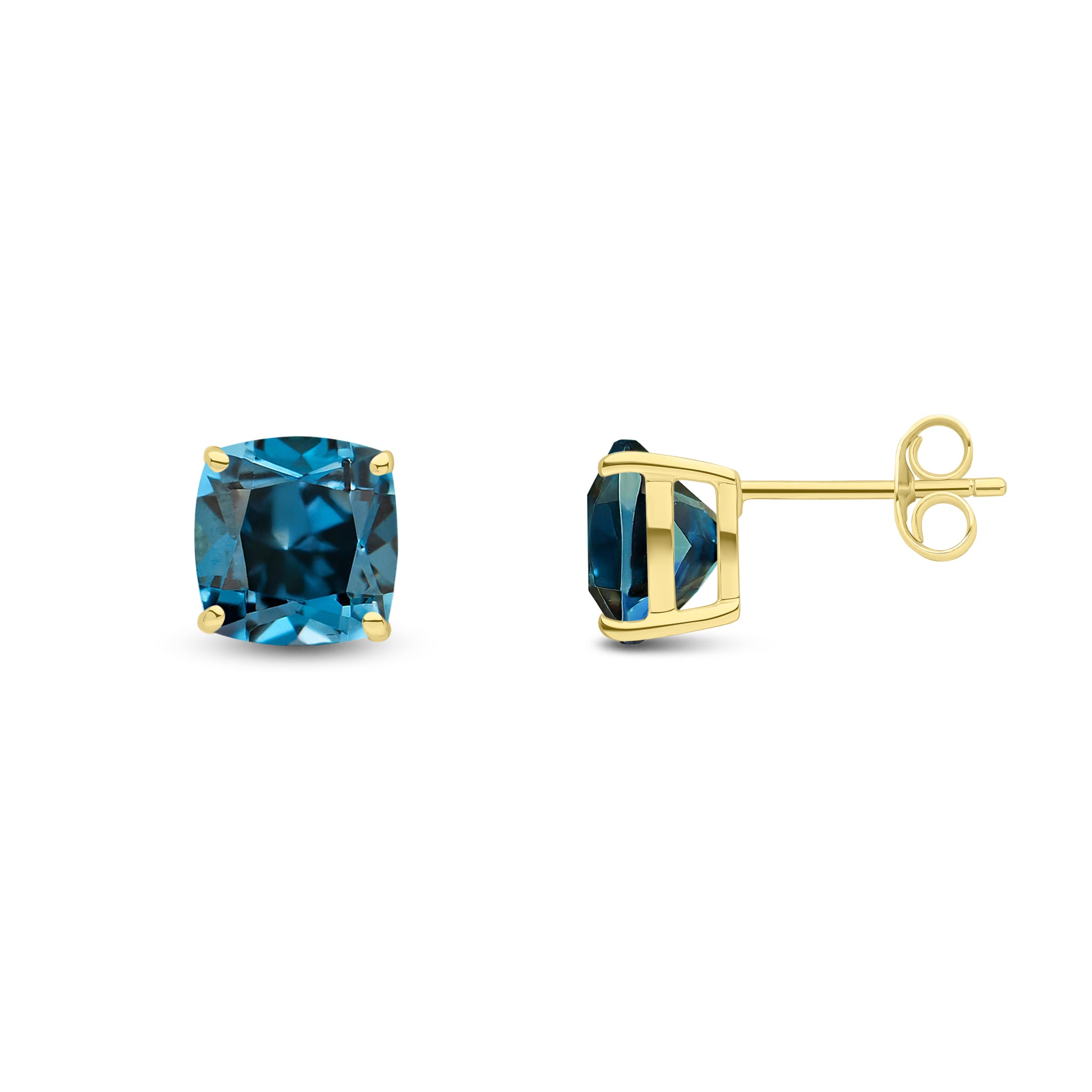 9ct Yellow Gold 8mm Cushion London Blue Topaz Claw Set Earrings
