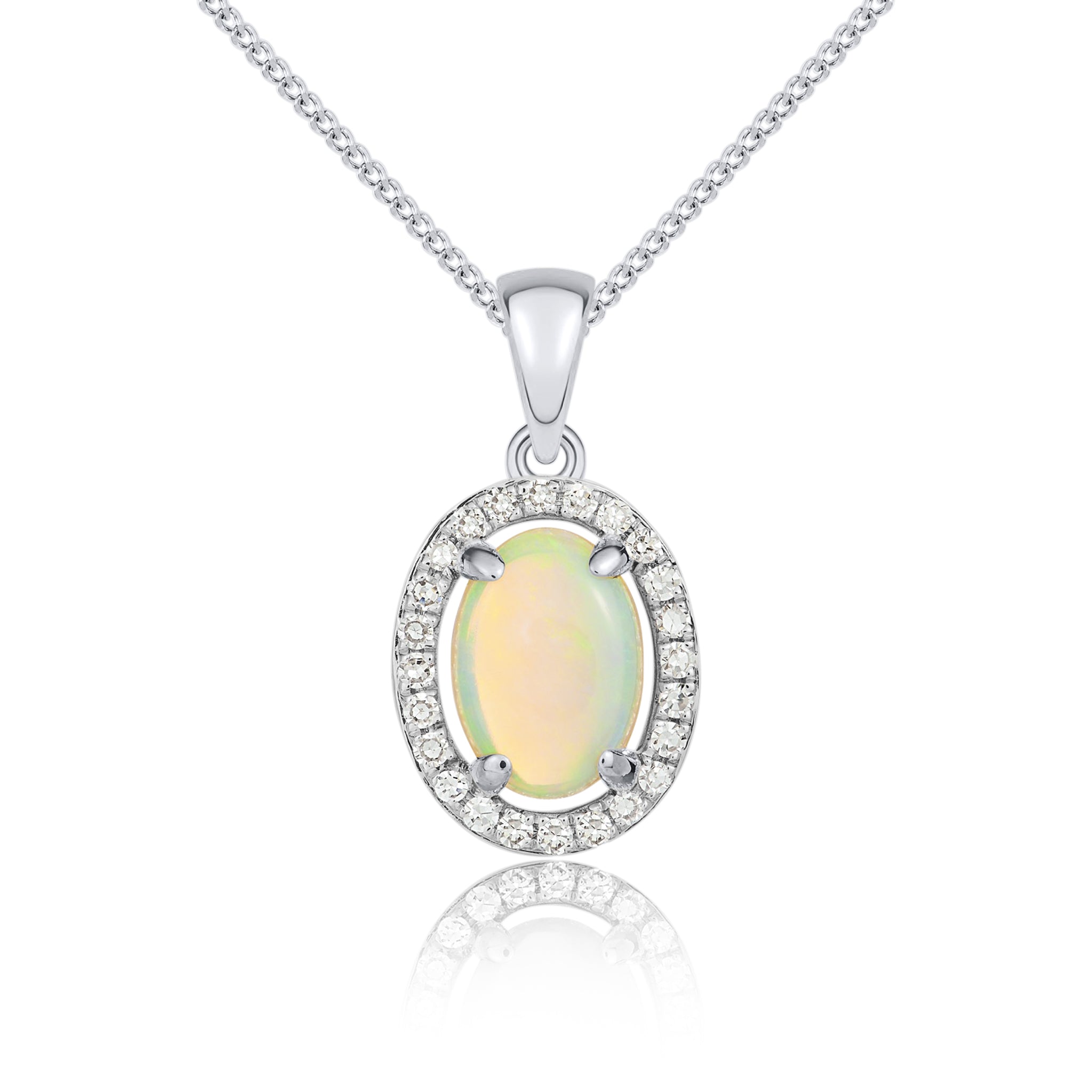 9ct White Gold 7x5mm Oval Opal and Diamond Halo Cluster Pendant