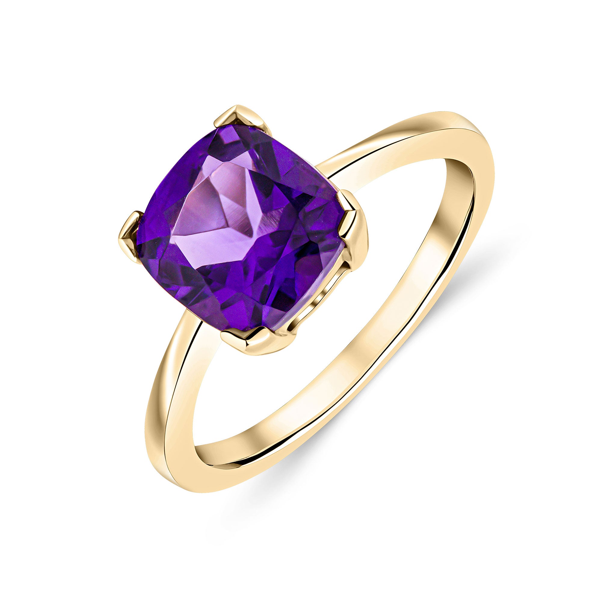 9ct Yellow Gold 8mm Cushion Amethyst Claw Set Single Stone Ring