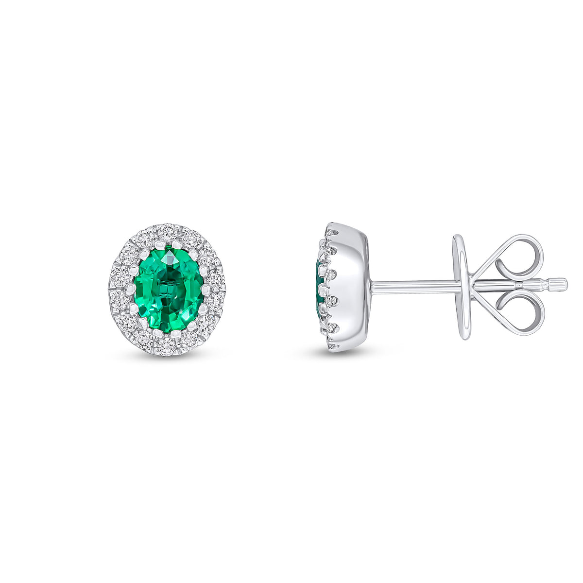 18ct White Gold 5x4 Oval Emerald and Round Diamond Claw Set Cluster Earrings