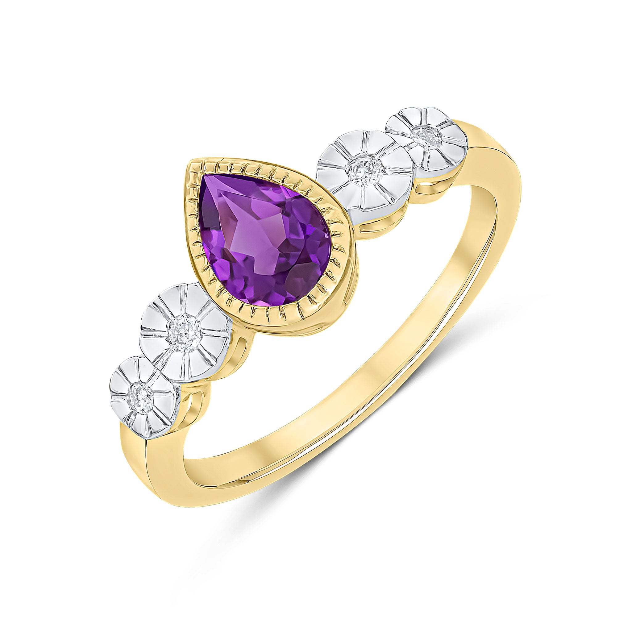 9ct Yellow Gold Milgrain Set 7x5 Pear Shape Amethyst and Illusion Diamond 2 Stone Shoulders Ring Rhodium to Diamonds