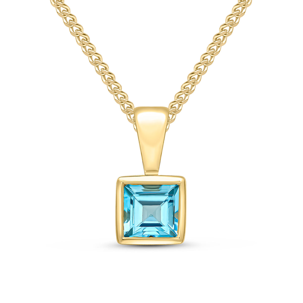 9ct Yellow Gold 4mm Square Rubover Swiss Blue Topaz Pendant