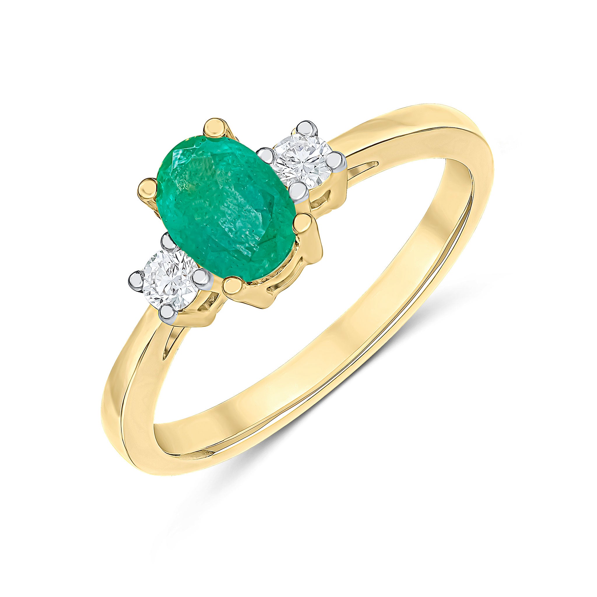 9ct Yellow Gold 7x5 Oval Emerald and Round Diamond Claw Set 3 Stone Ring Rhodium to Diamonds