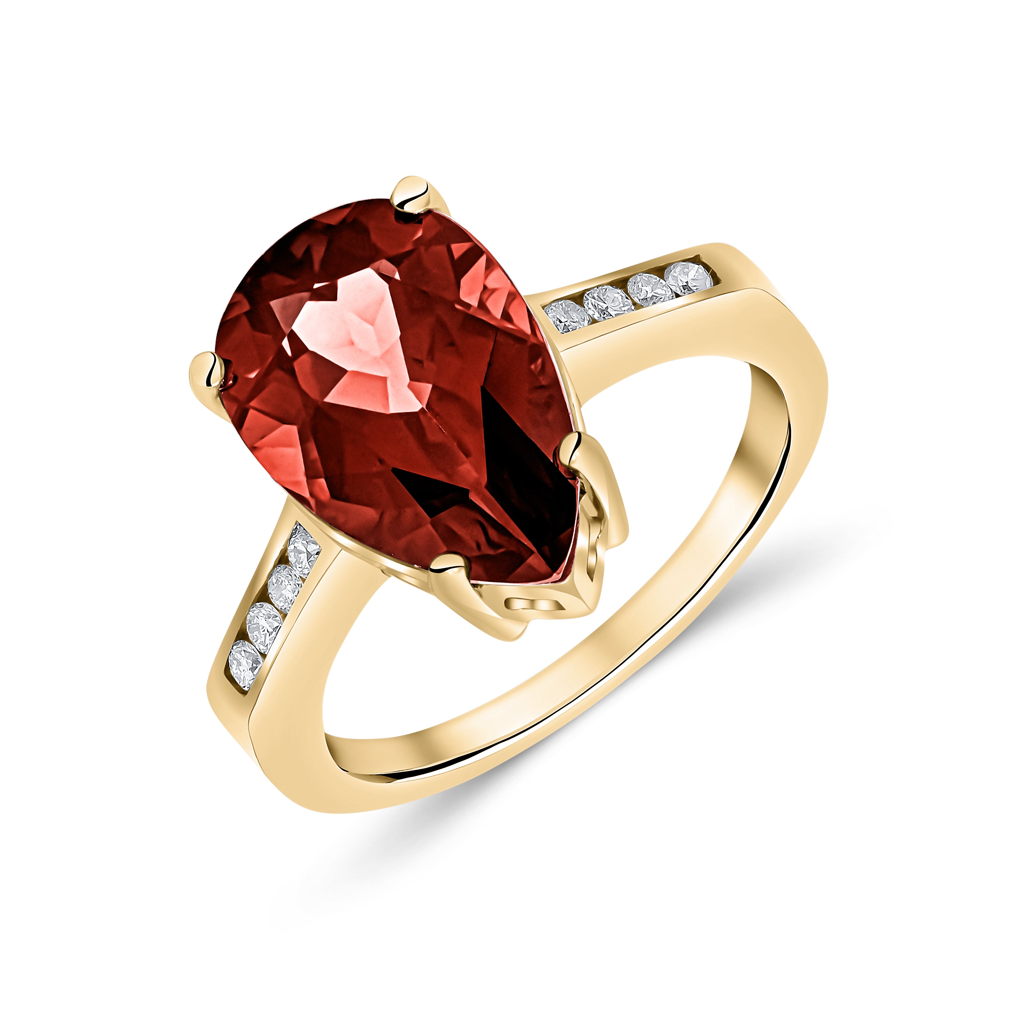 9ct Yellow Gold 14x9 Pear Shape Garnet Single Stone Ring with Channel Set Diamond Shoulders
