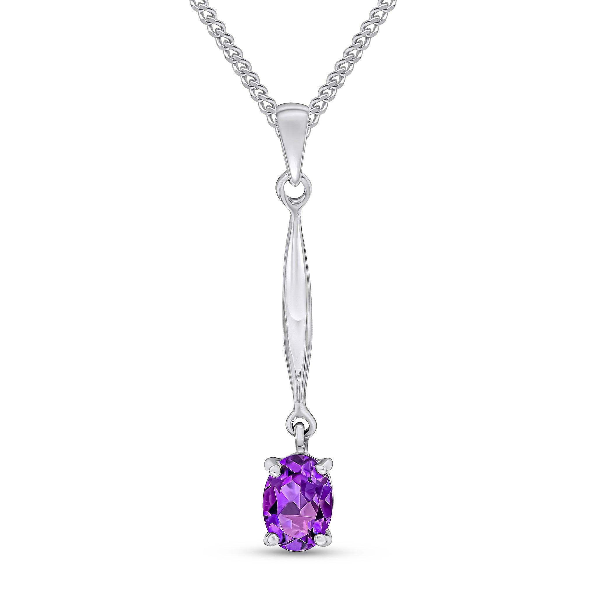 9ct White Gold 7x5 Oval Claw Amethyst and Bar Pendant