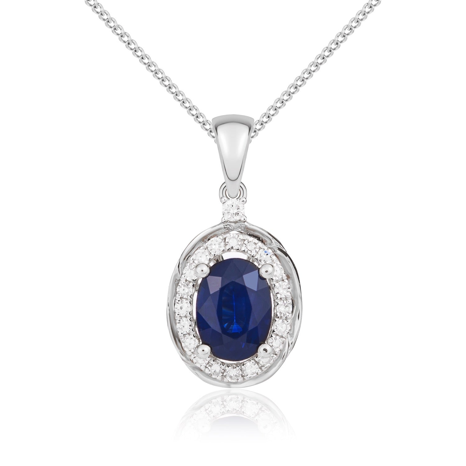9ct White Gold 7x5 Oval Sapphire & Diamond Cluster Pendant with Rope Edge