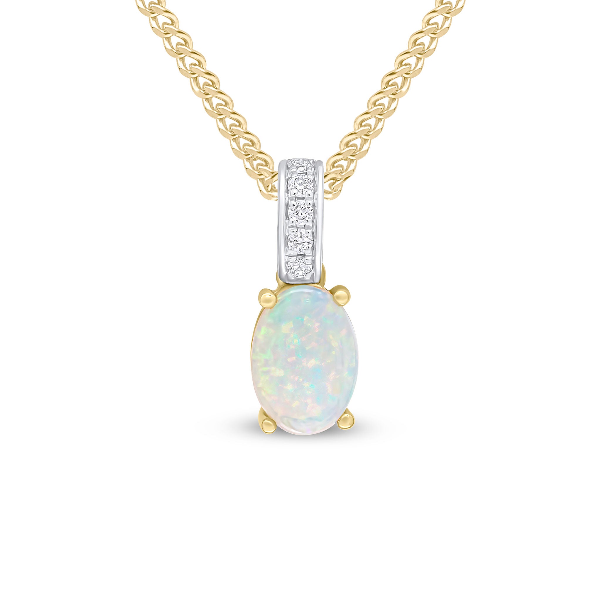 18ct Yellow Gold 7x5mm Oval Opal & Diamond Line Pendant Rhodium to Diamonds