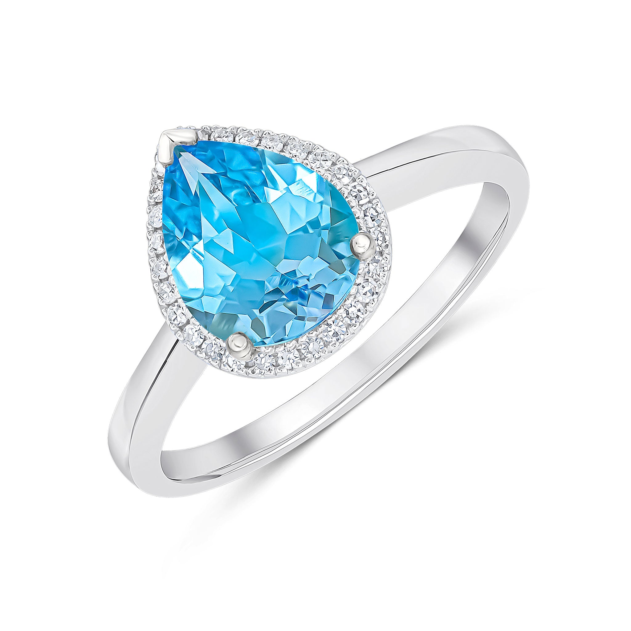 9ct White Gold 9x7 Pear Shape Swiss Blue Topaz & Diamond Claw Set Cluster Ring