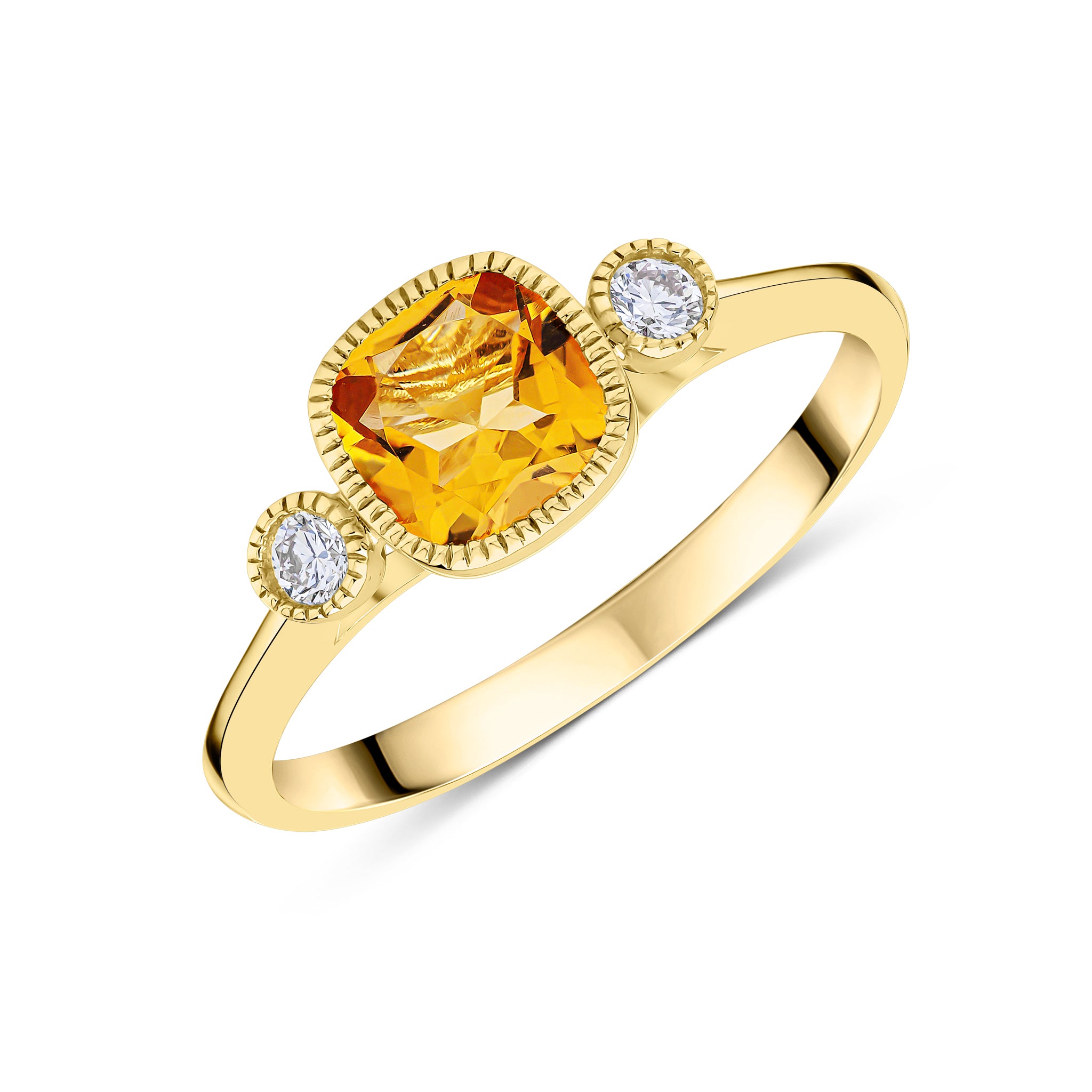 9ct Yellow Gold 6mm Cushion Citrine & Round Diamond Milgrain Set 3 Stone Ring