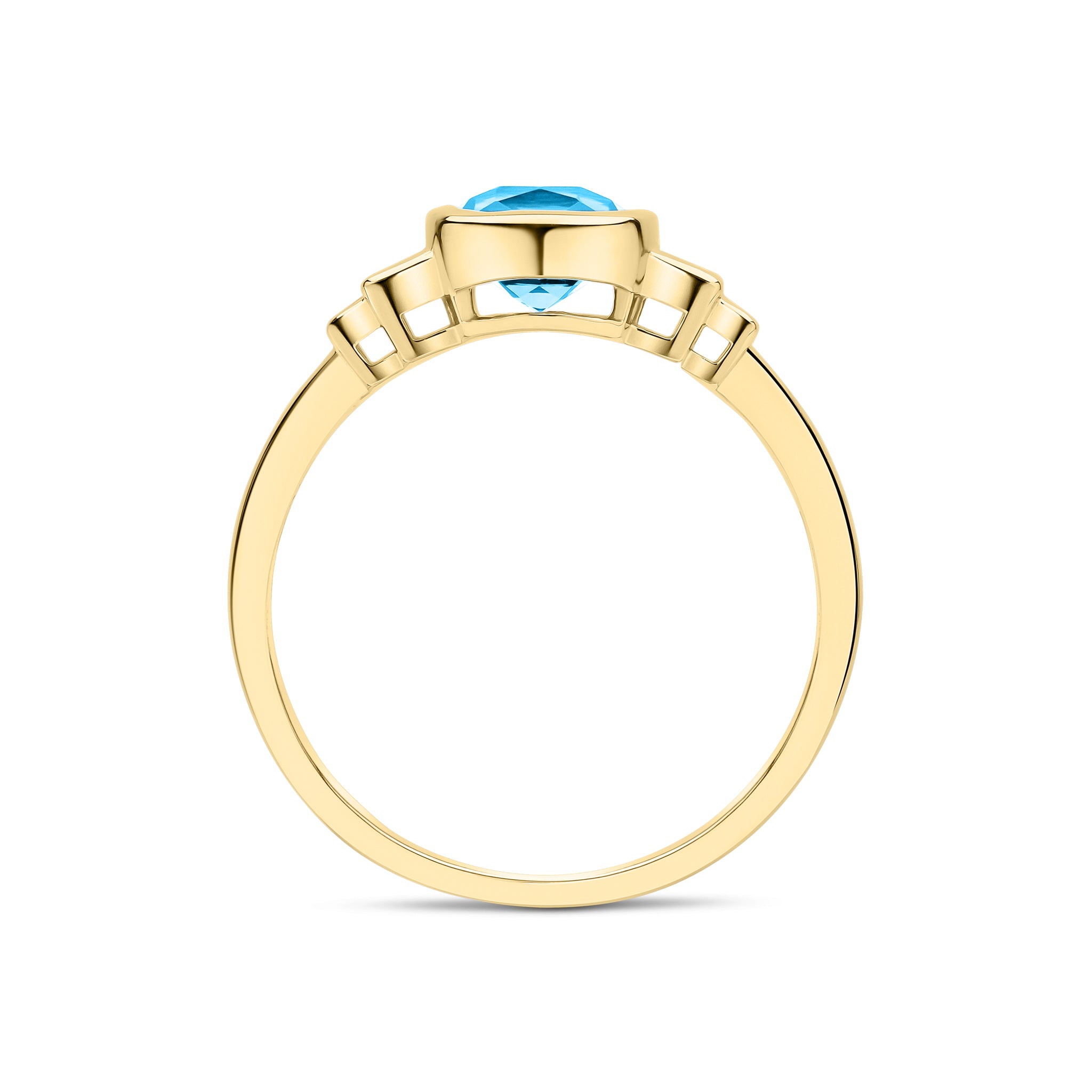 9CT YG 6MM CUSHION SWISS BLUE TOPAZ & BAGUETTE DIAMOND 2ST STEPPED SHOULDERS RING 1