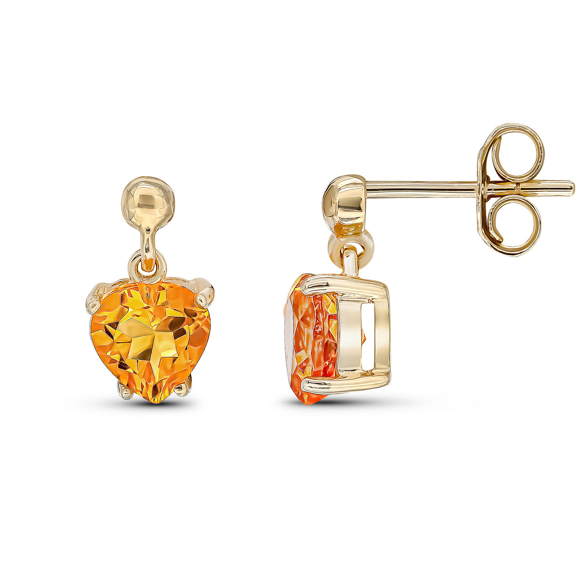 9ct Yellow Gold 6mm Heart-Shape Citrine Claw Set Drop Earrings with 3mm Bead Top