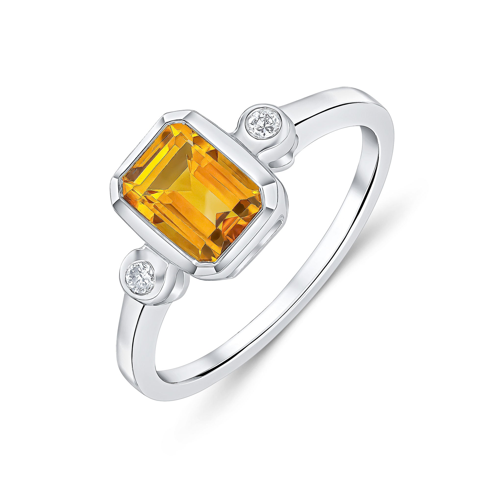 9ct White Gold 7x5 Octagon Citrine and Round Diamond 3 Stone Rubover Ring