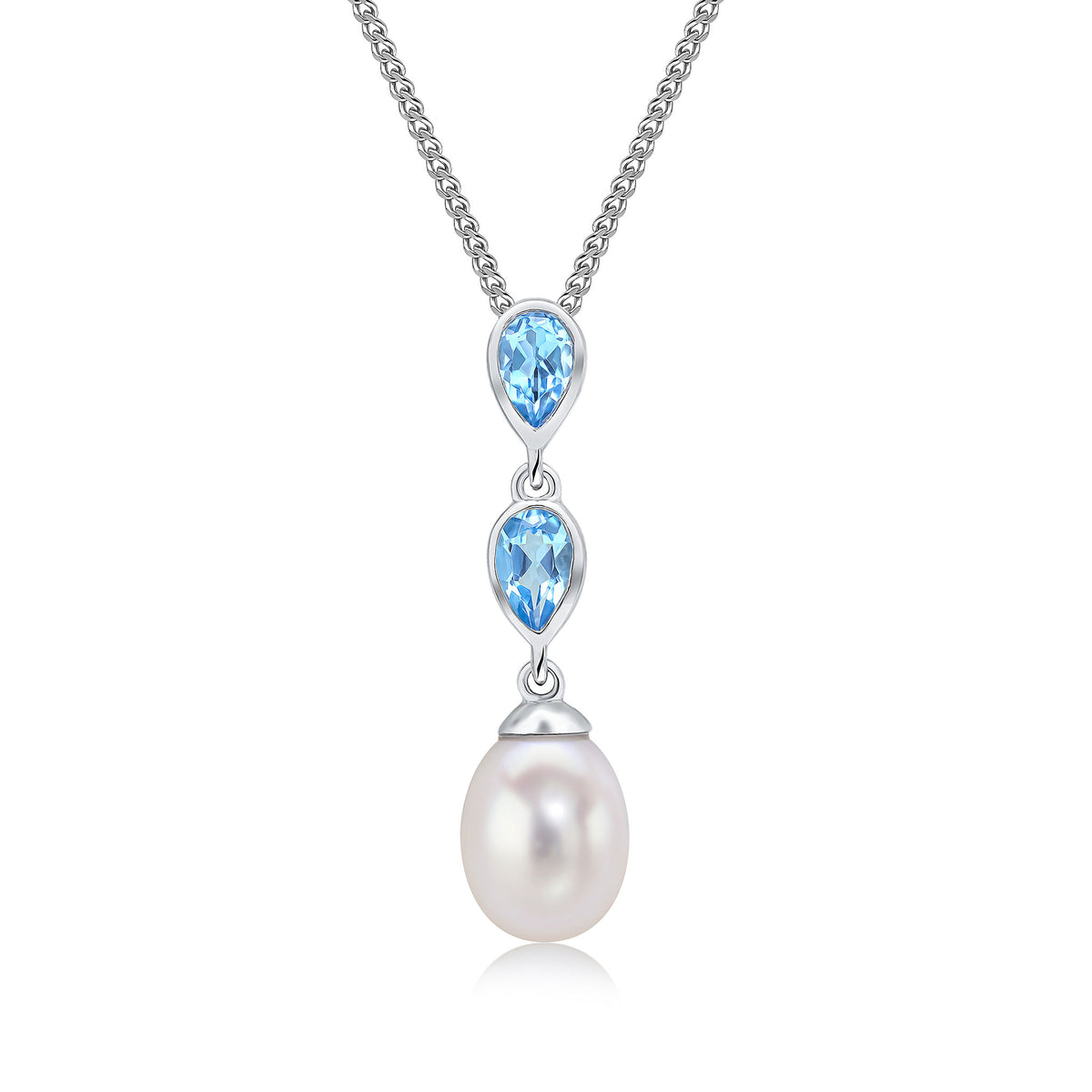 9ct White Gold Pearl & Double Pear Shape Swiss Blue Topaz Pendant