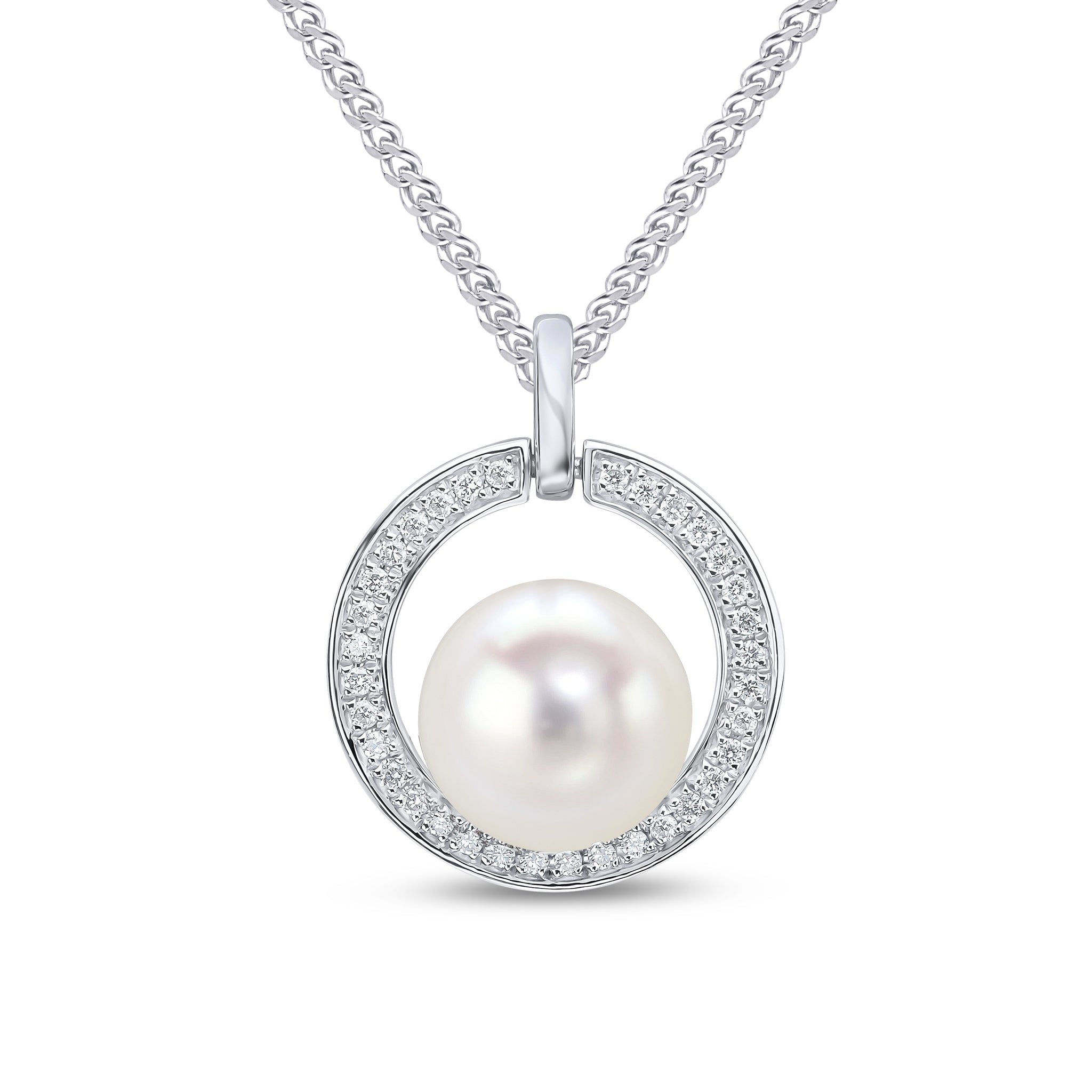 18ct White Gold Cfw Pearl in Grain Set Diamond Circle Pendant with Plain Loop
