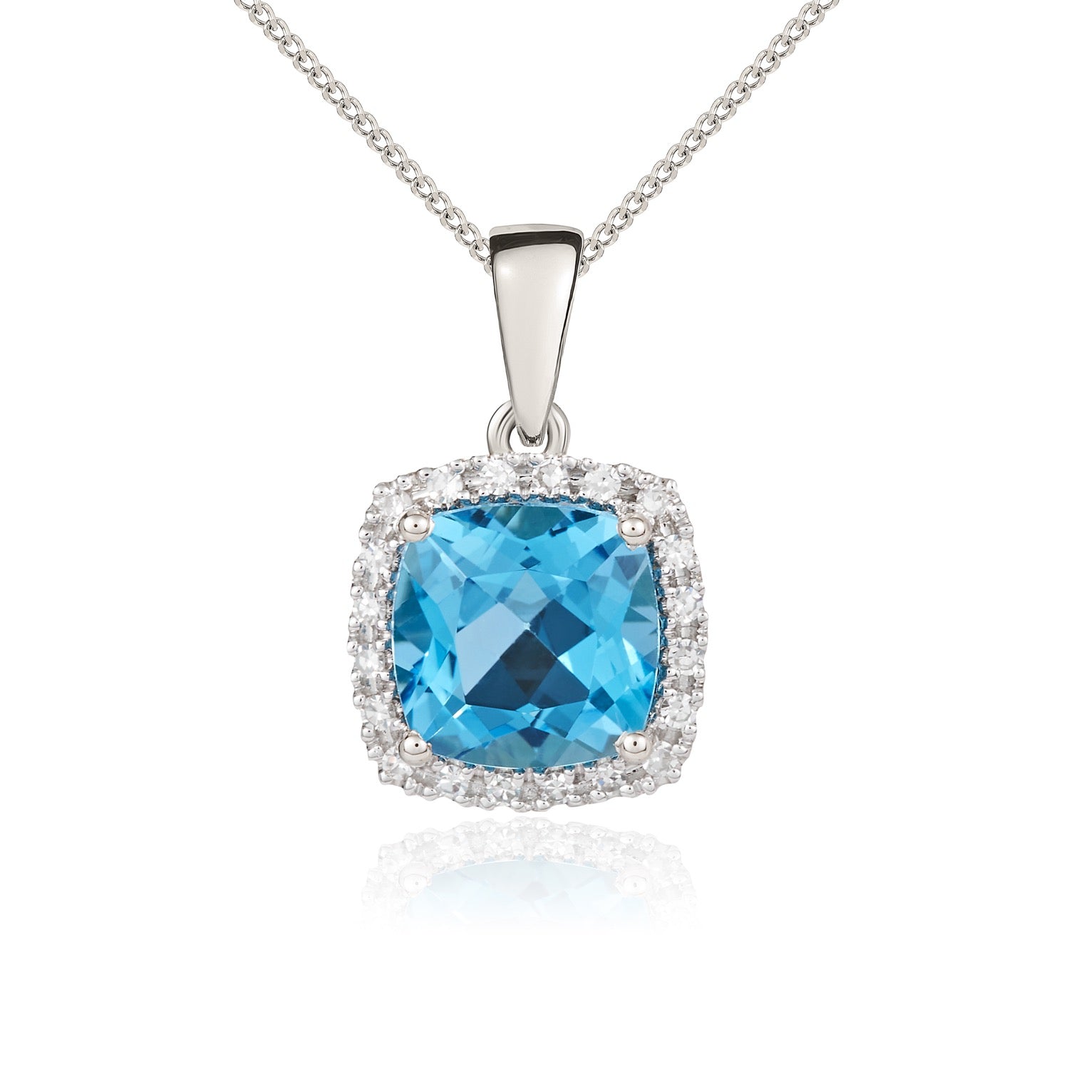 9ct White Gold 8mm Cushion Swiss Blue Topaz and Round Diamond Claw Set Cluster Pendant