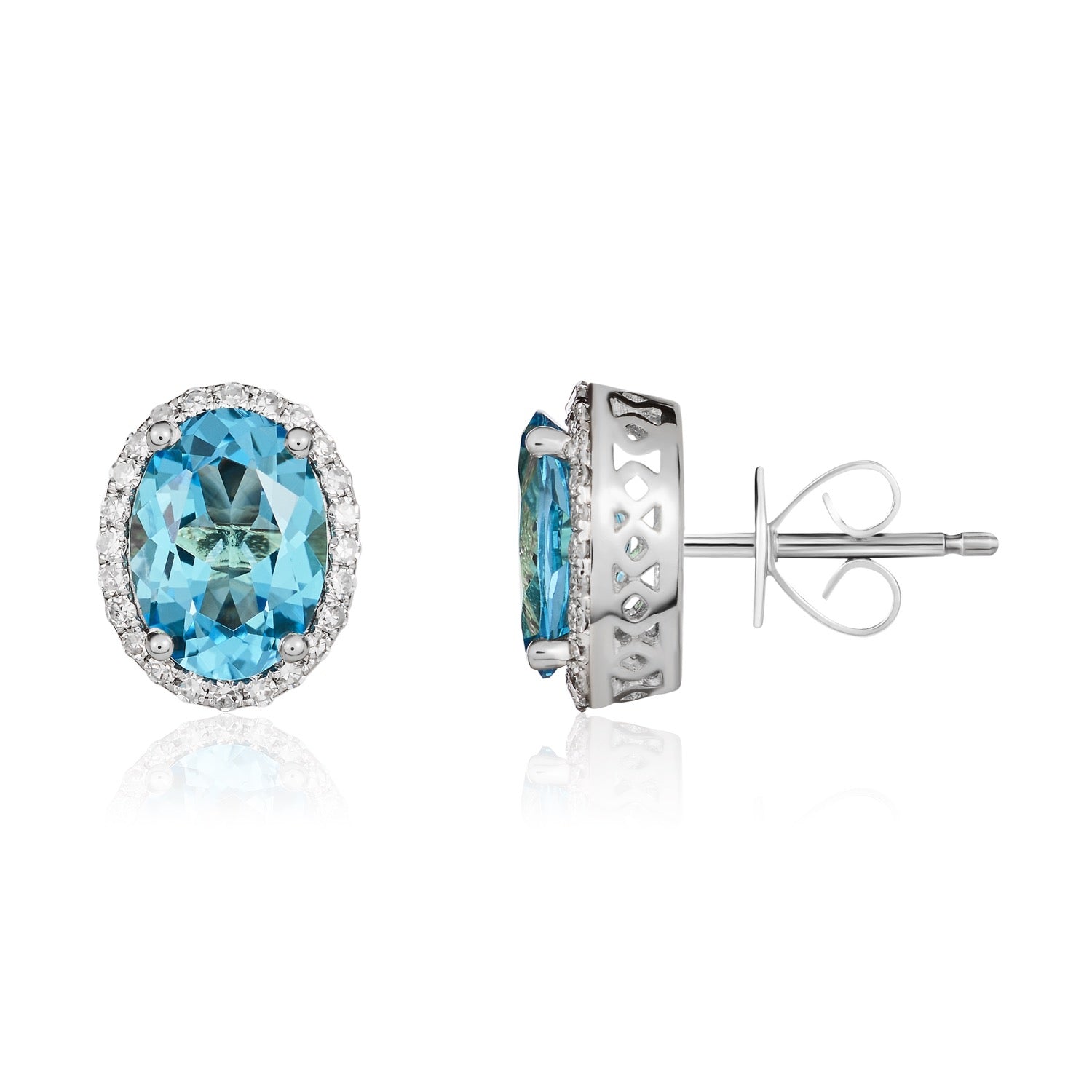 9ct White Gold 8x6 Oval Swiss Blue Topaz & Diamond Claw Set Cluster Earrings