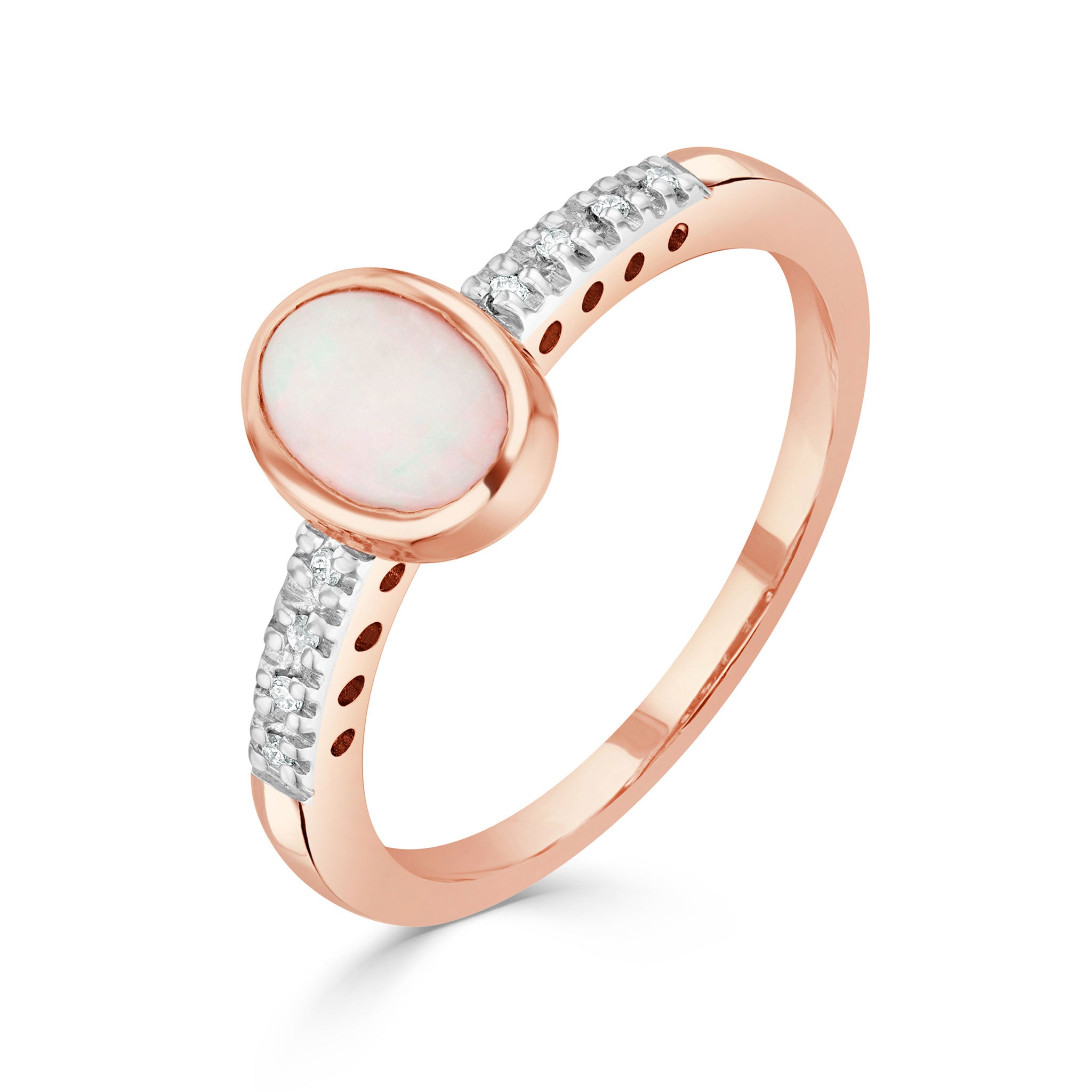 9CT RG RUBOVER 7X5 OVAL OPAL SINGLE STONE RING WITH CLAW SET DIAMOND SHOULDERS. RHODIUM TO DIAMONDS 1