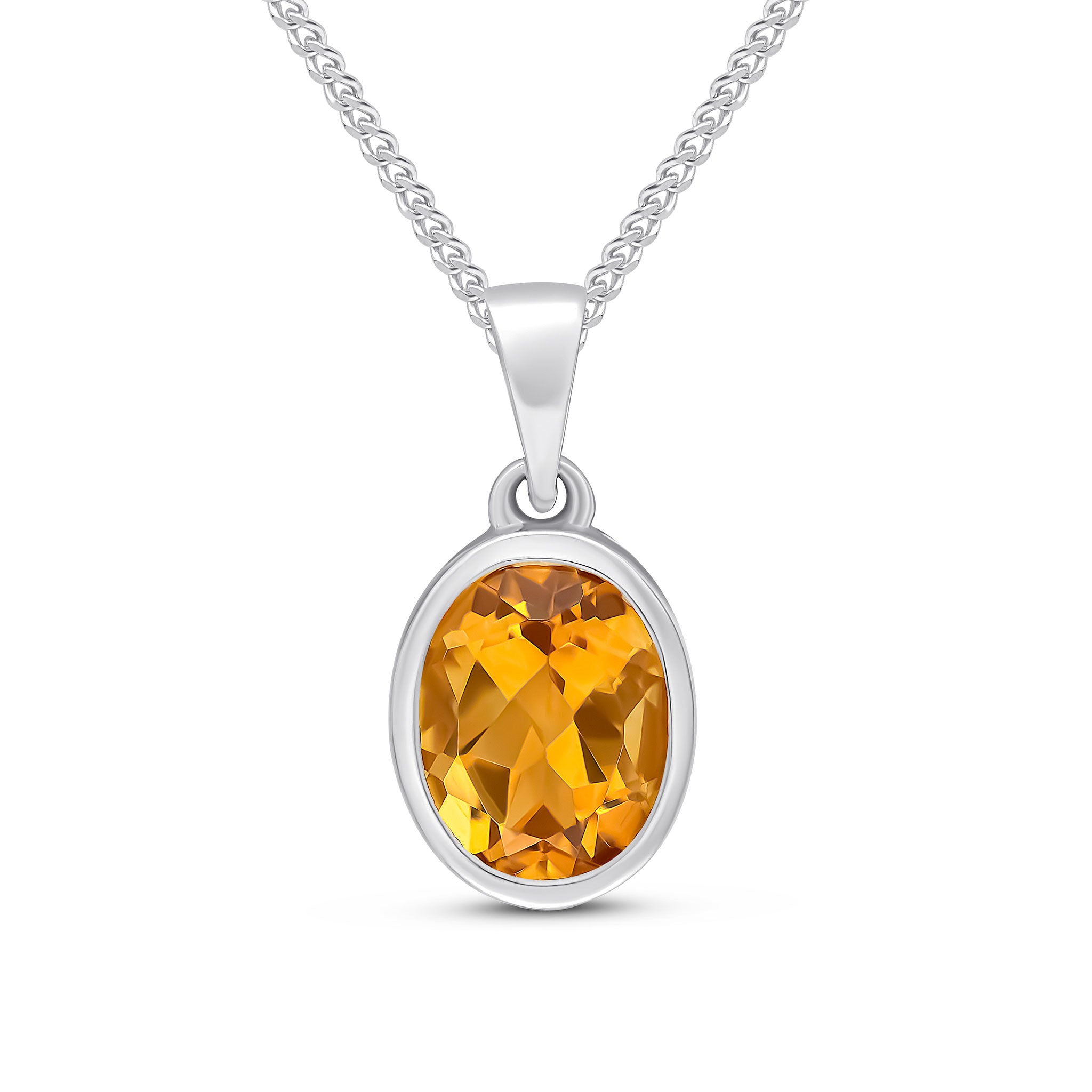 9ct White Gold 9x7mm Oval Citrine Single Stone Rubover Pendant with Plain Loop