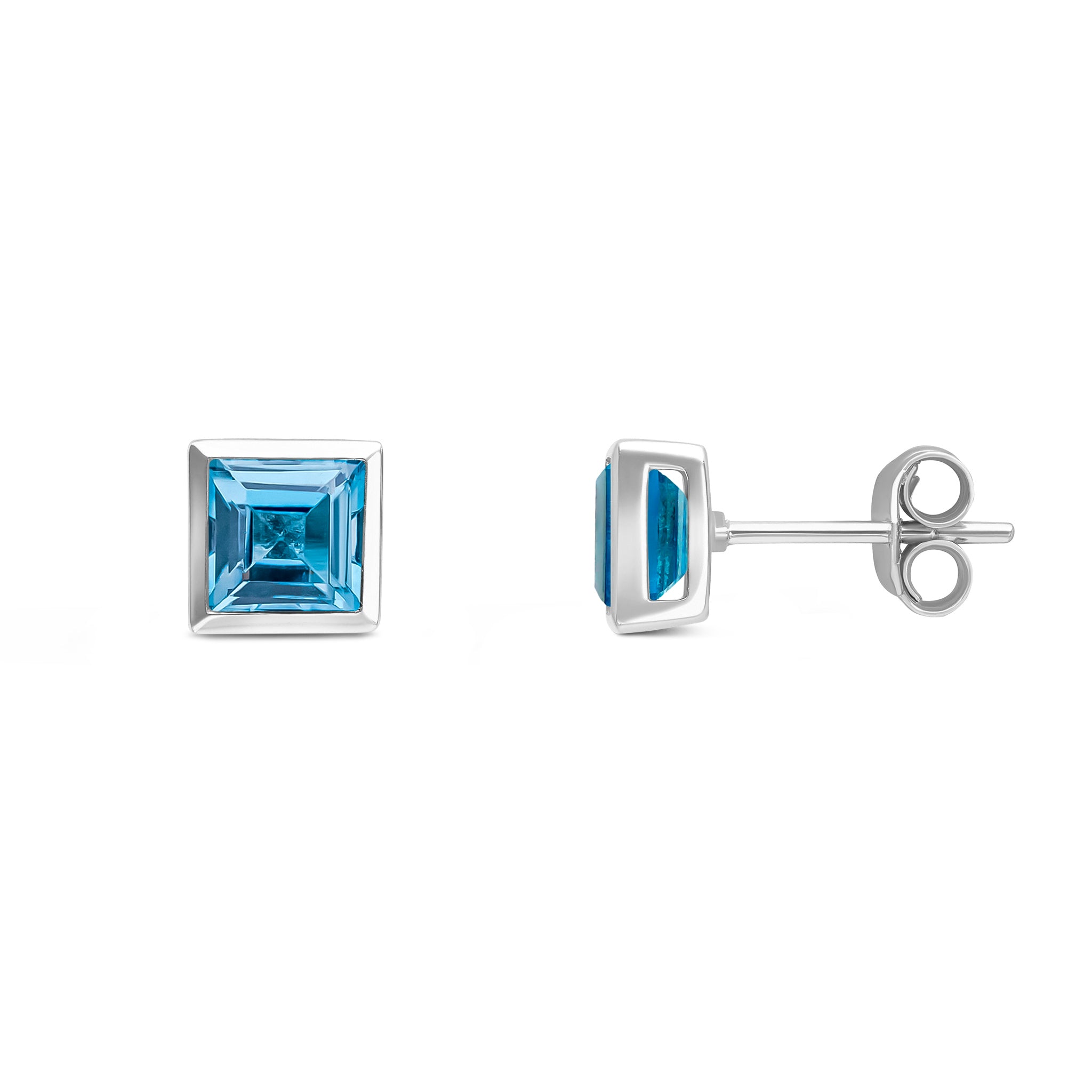 9ct White Gold 5mm Square Swiss Blue Topaz Rubover Set Earrings