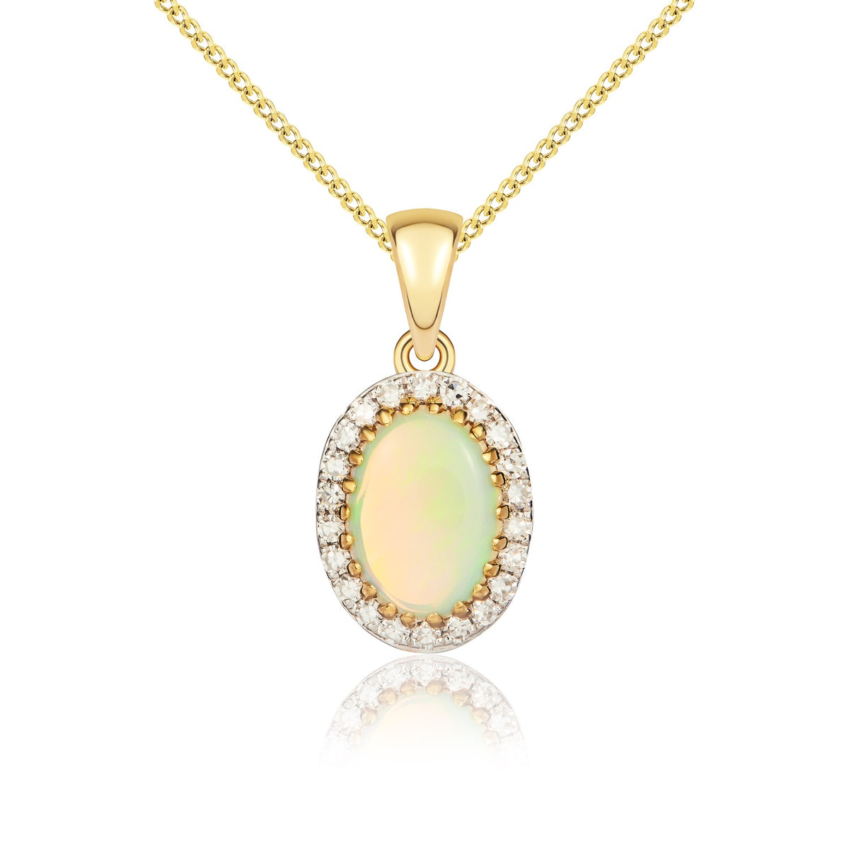 9ct Yellow Gold 7x5 Oval Opal and Round Diamond Claw Set Cluster Pendant with Plain Loop Rhodium to Diamonds