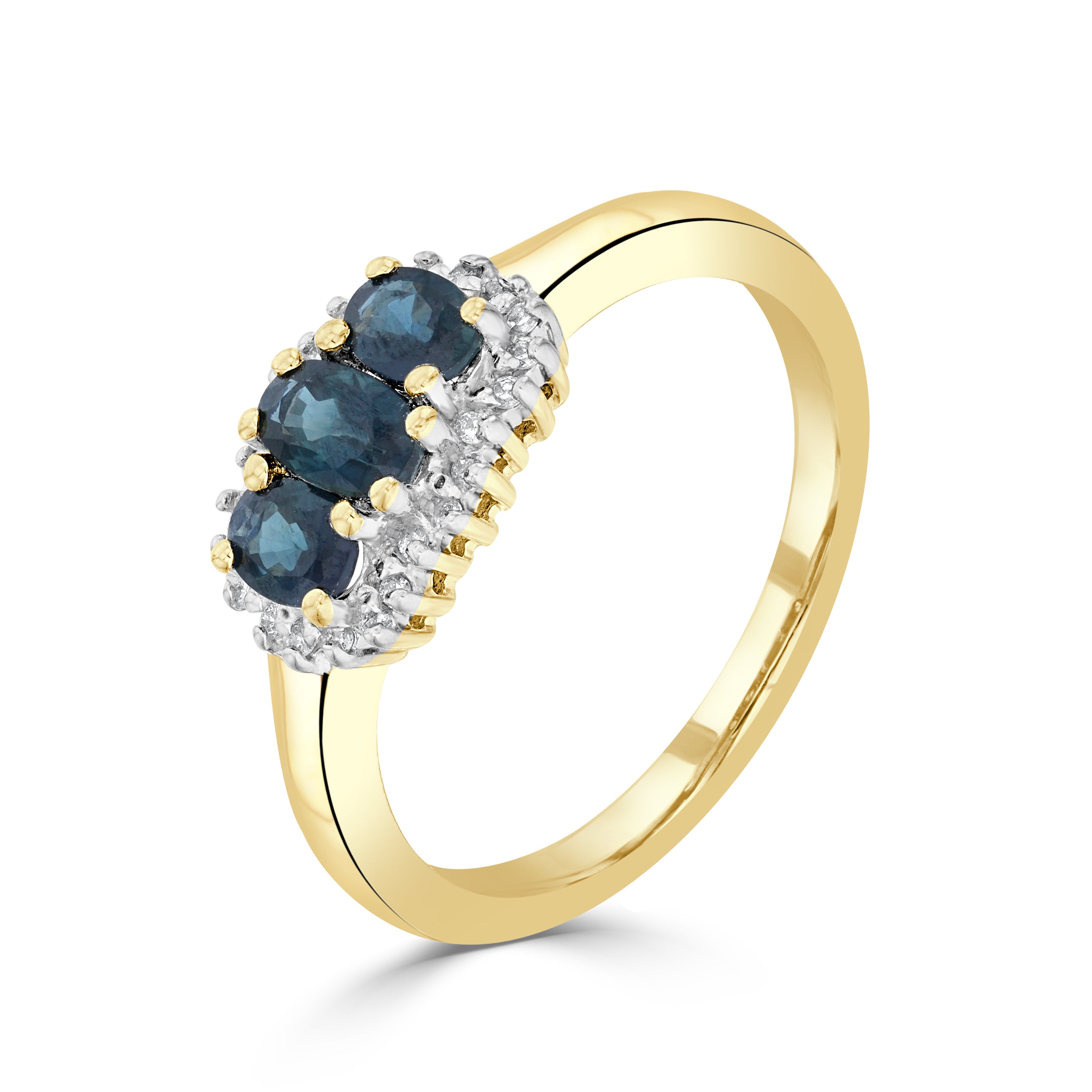 9ct Yellow Gold Oval Sapphire and Diamond Triple Cluster Ring Rhodium to Diamonds