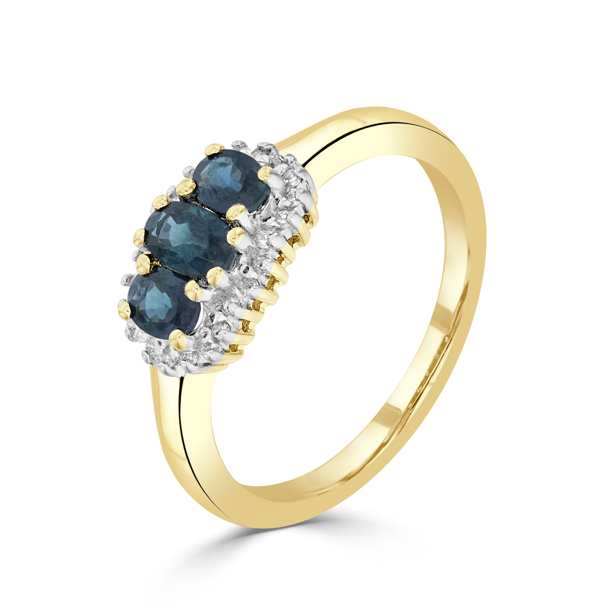 9ct Yellow Gold Oval Sapphire and Diamond Triple Cluster Ring Rhodium to Diamonds