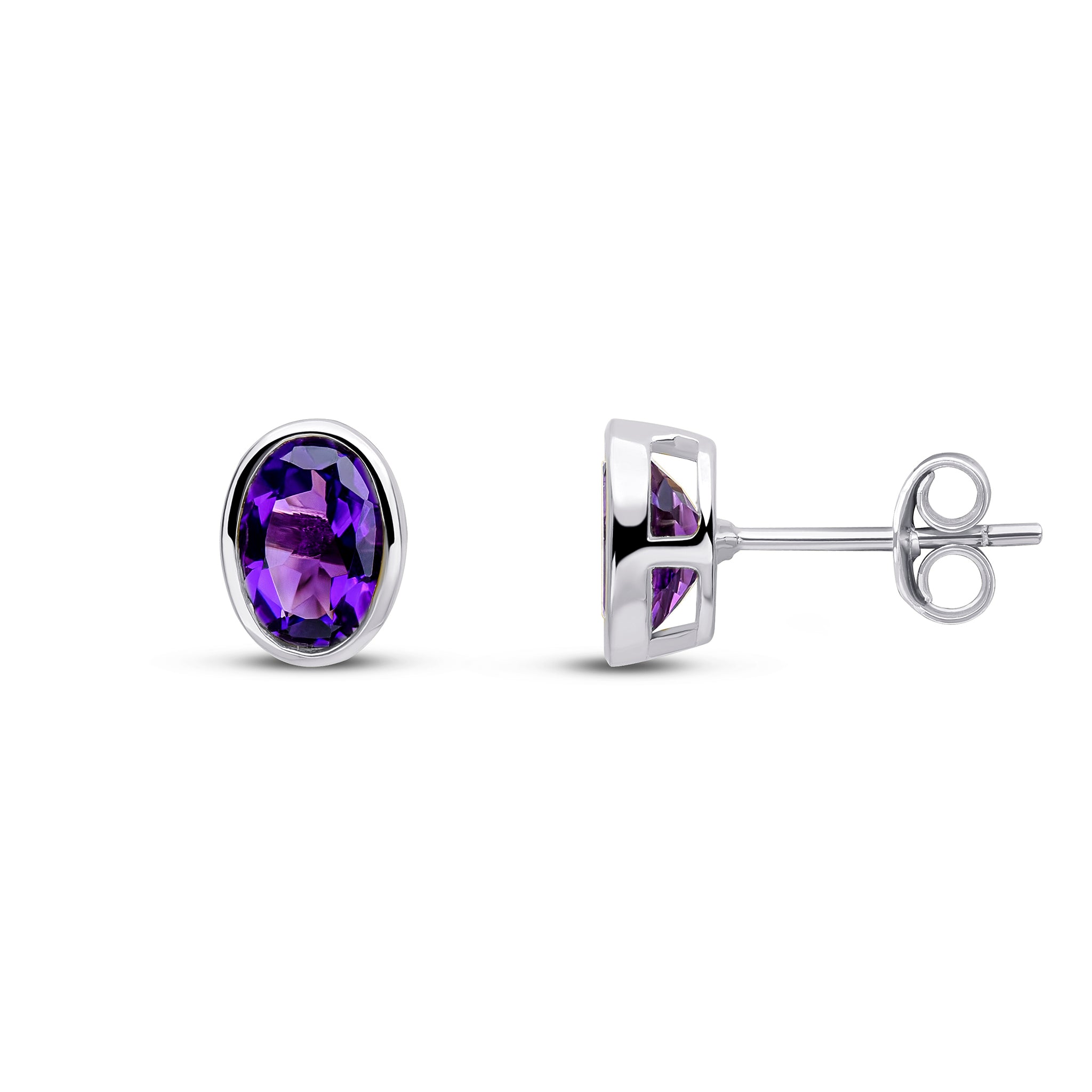 9ct White Gold 7x5 Oval Amethyst Rubover Earrings