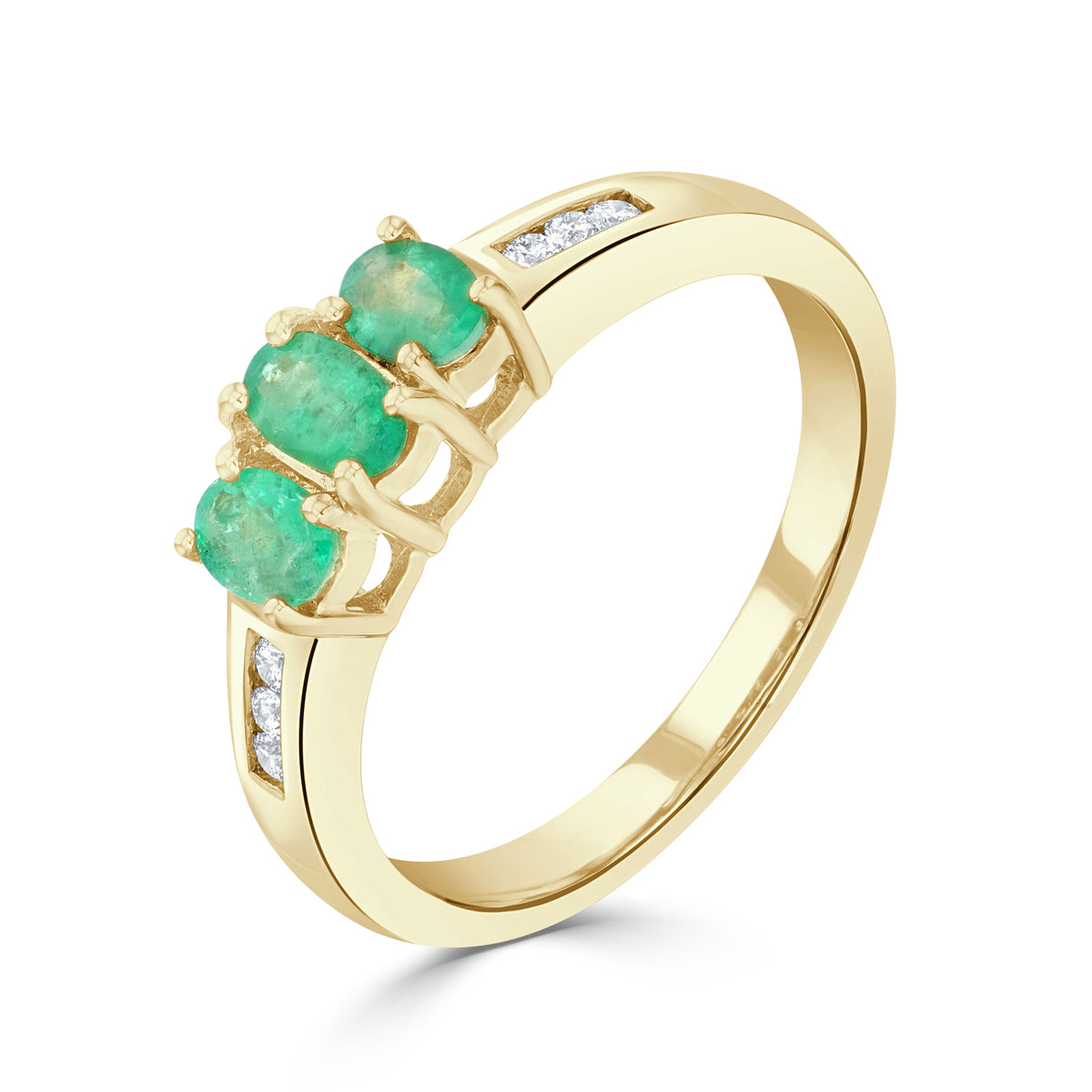 9ct Yellow Gold Oval Emerald Claw Set 3 Stone Ring with Channel Set Diamond Shoulders