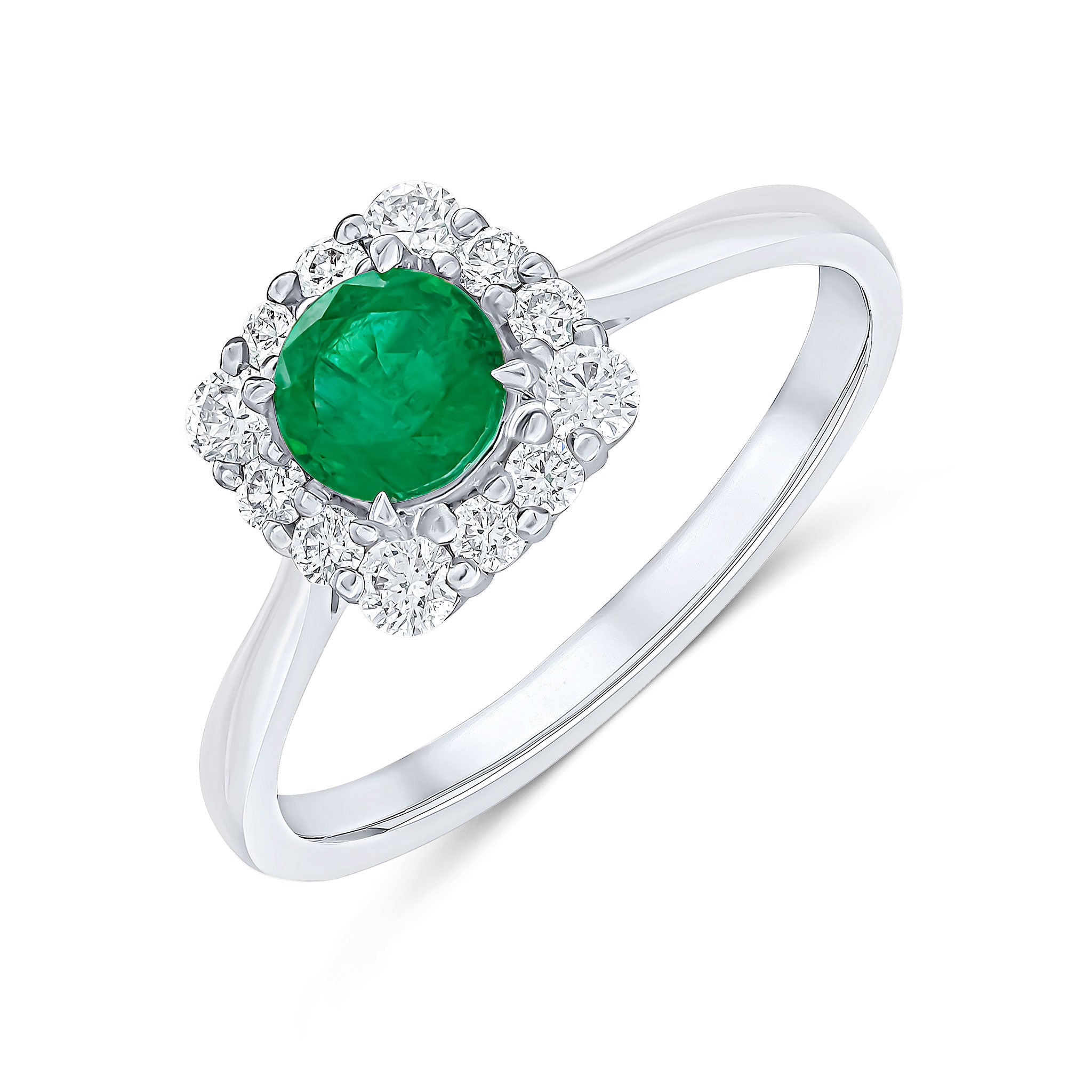 18wg Round Emerald & Diamond Cushion Cluster Ring