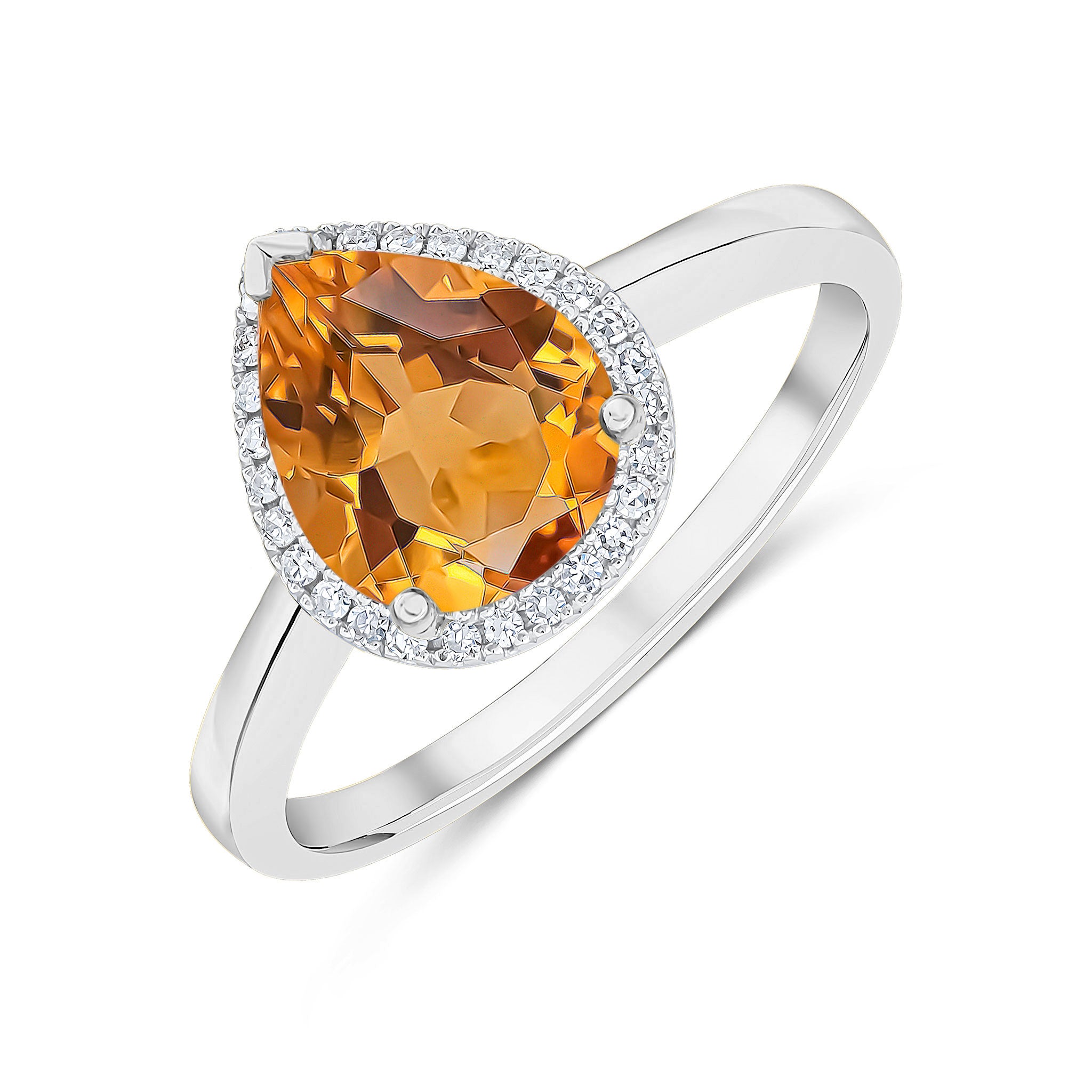 9ct White Gold 9x7 Pear Shape Citrine & Diamond Claw Set Cluster Ring