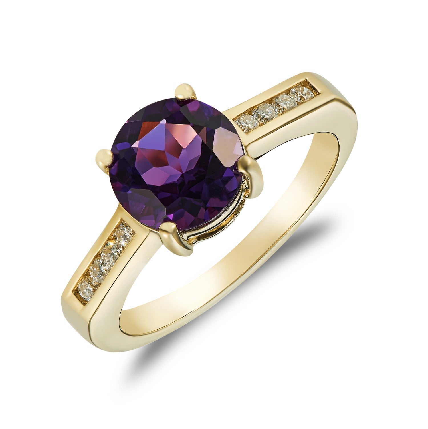 9ct Yellow Gold Claw Set 8mm Round Amethyst Single Stone Ring with Channel Set Diamond Shoulders