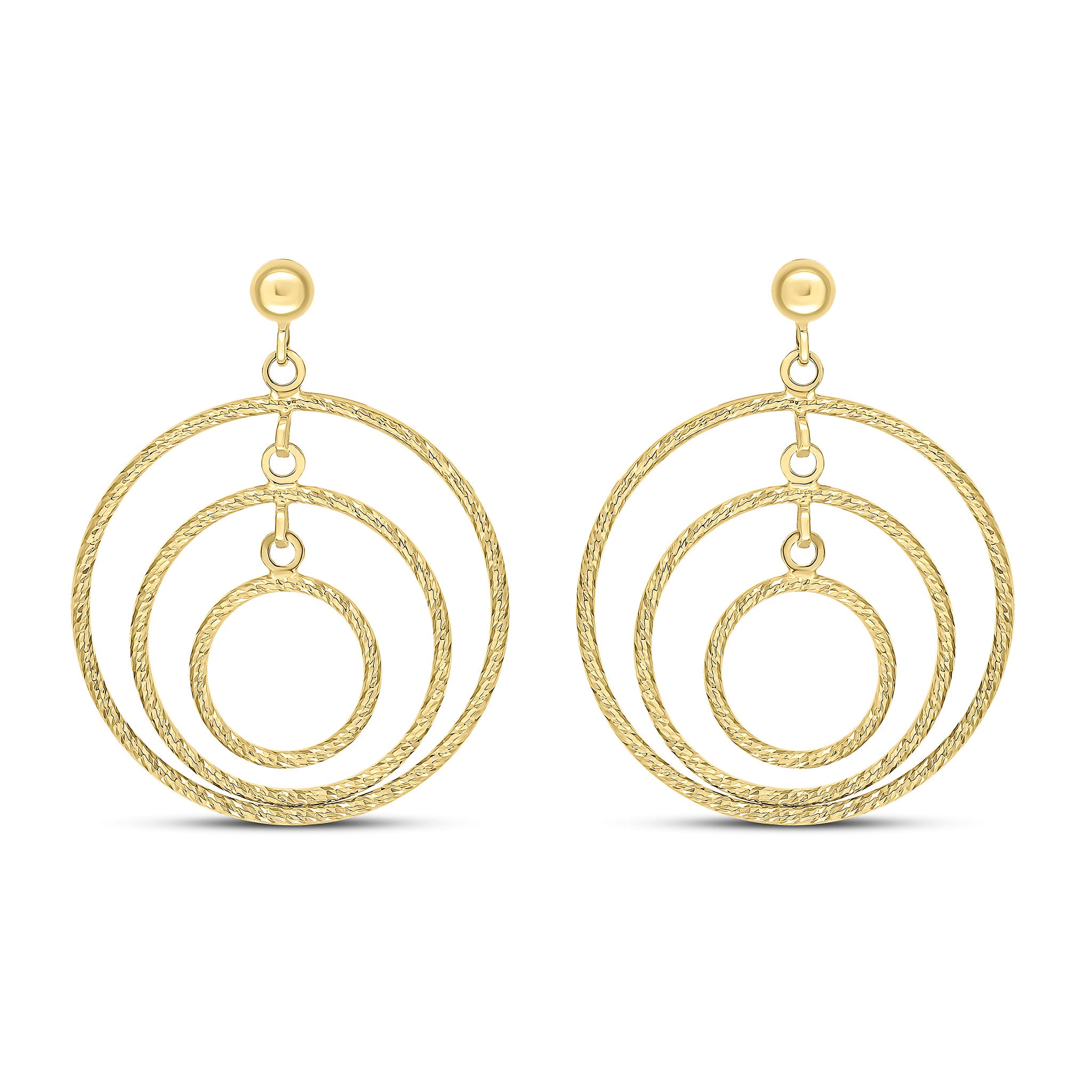 9ct Yellow Gold Textured Triple Circle Drop Earrings with 4mm Half Bead Top