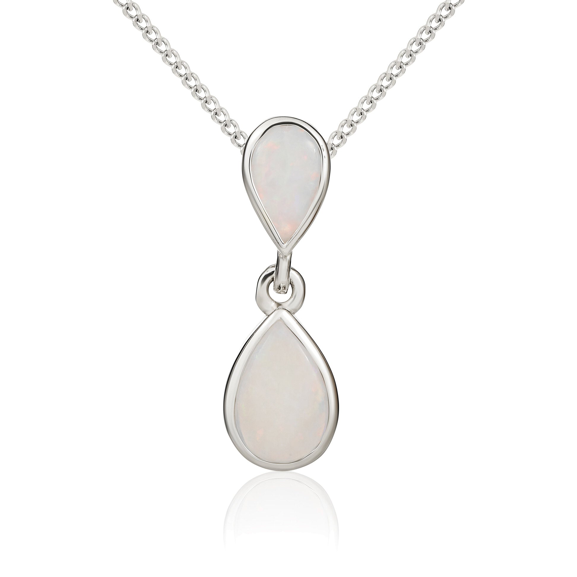 9ct White Gold Pear Shape Opal 2 Stone Rubover Drop Pendant