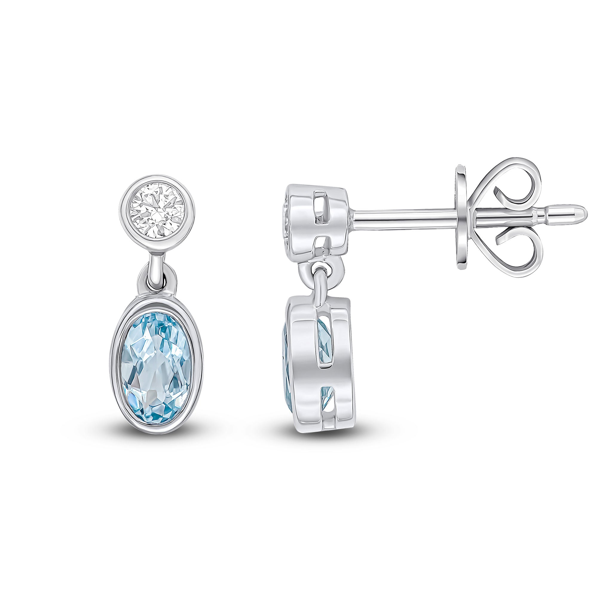 18ct White Gold Oval Aquamarine and Round Diamond 2 Stone Rubover Drop Earring