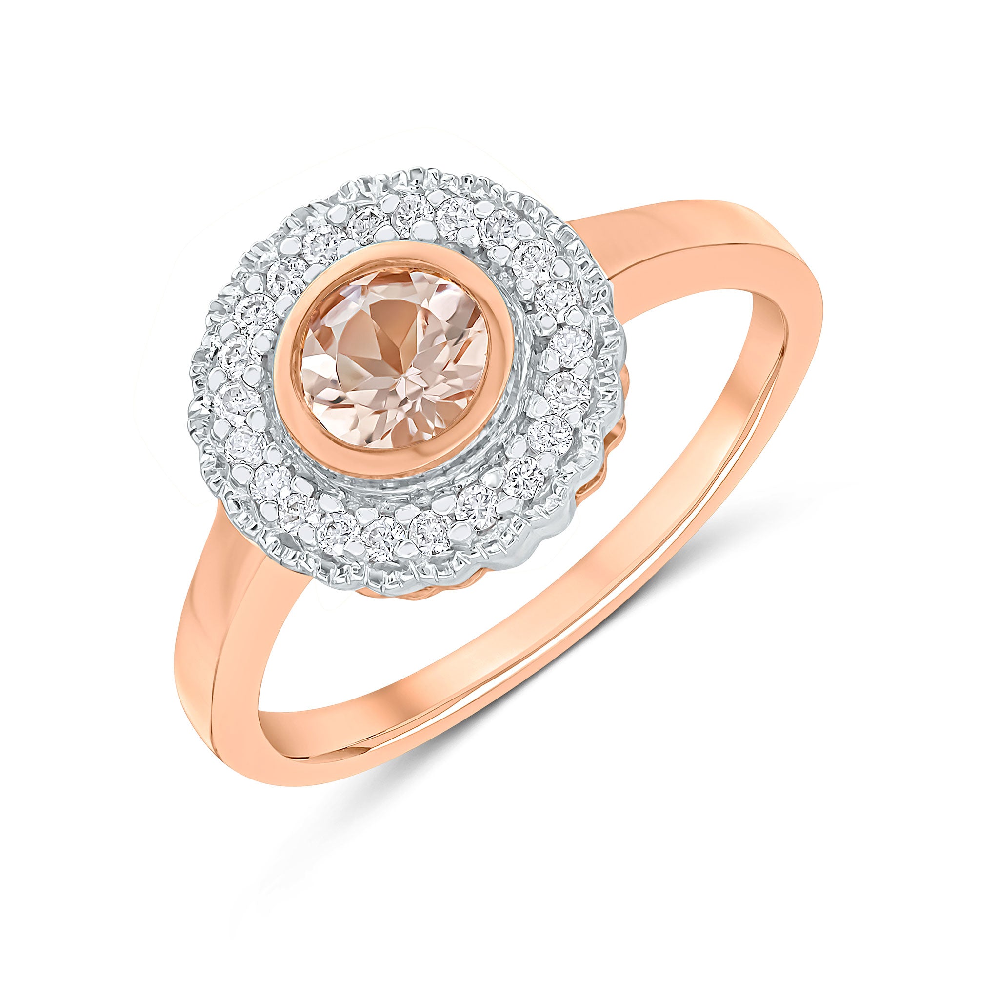 9ct Rose Gold Round Rubover Morganite and Milgrain Round Diamond Cluster Ring Rhodium to Diamonds
