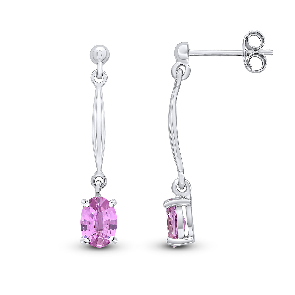 9ct White Gold Claw Set 6x4mm Oval Pink Sapphire and Bar Drop Earrings