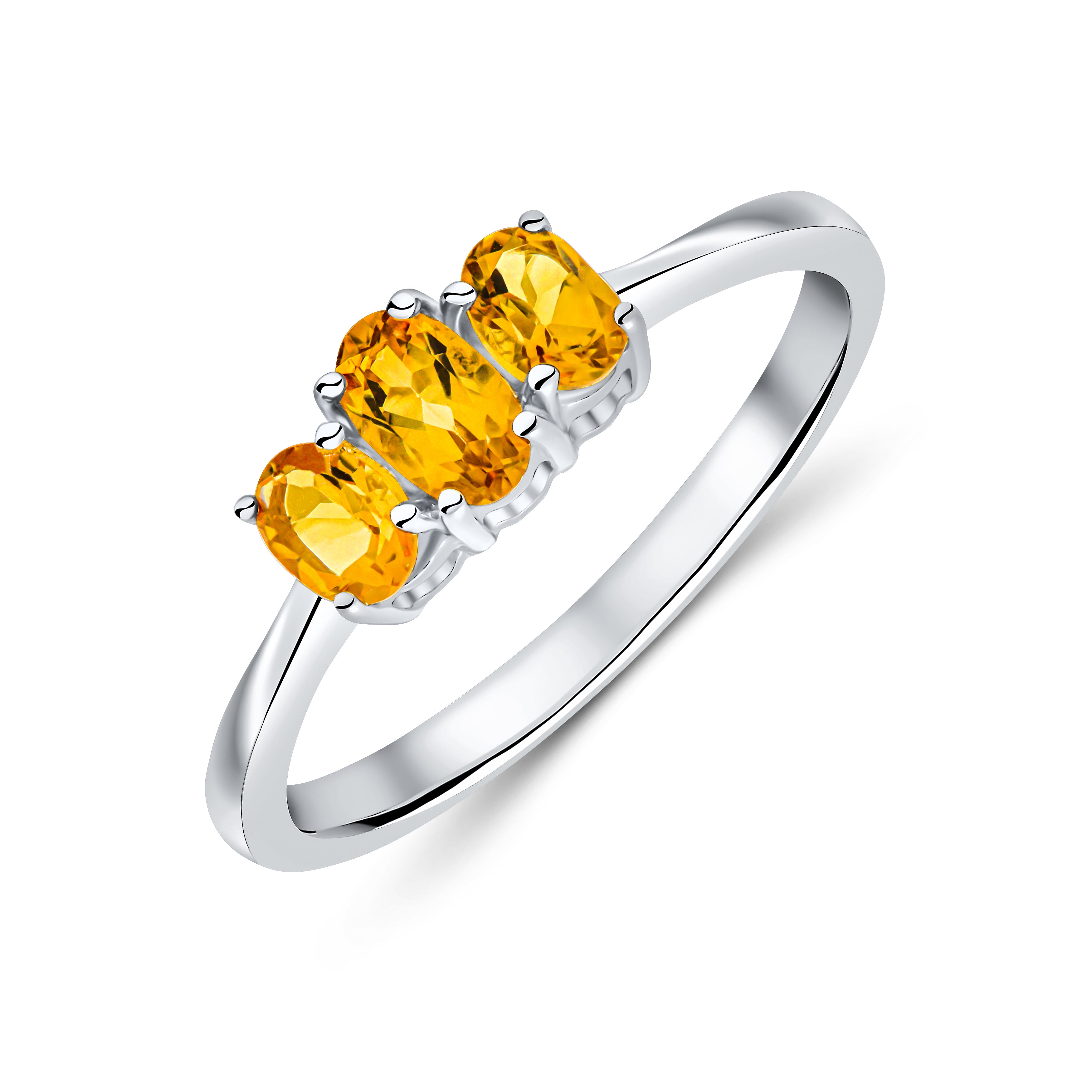 9ct White Gold Oval Citrine 3 Stone Claw Set Ring