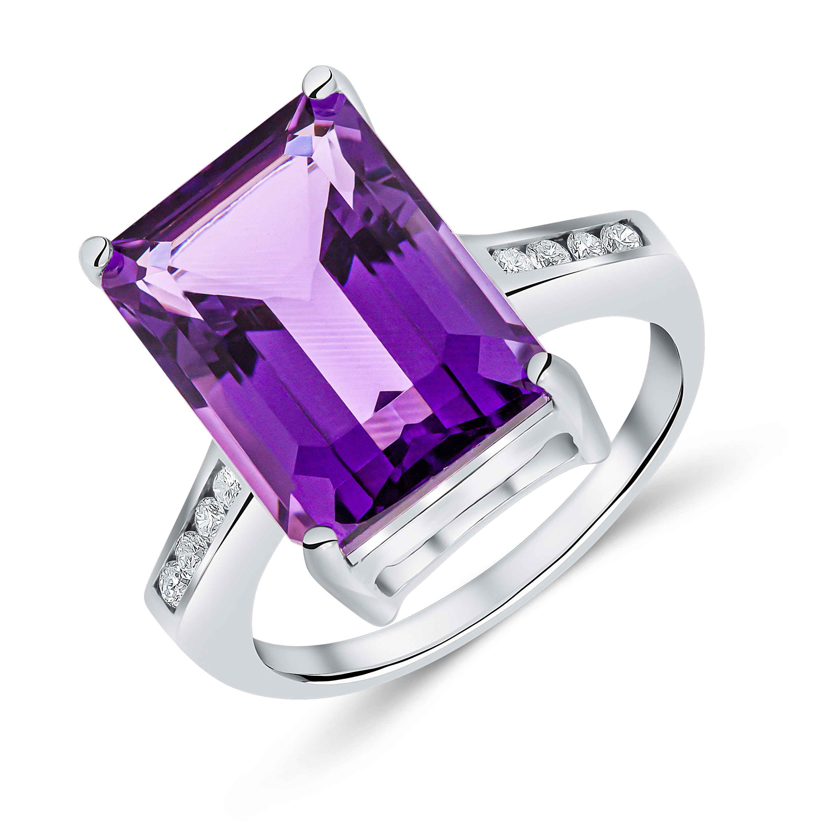 9CT WG GOLD CLAW SET 14X10 OCTAGON AMETHYST SINGLE STONE RING WITH DIAMOND CHANNEL SET SHOULDERS 1