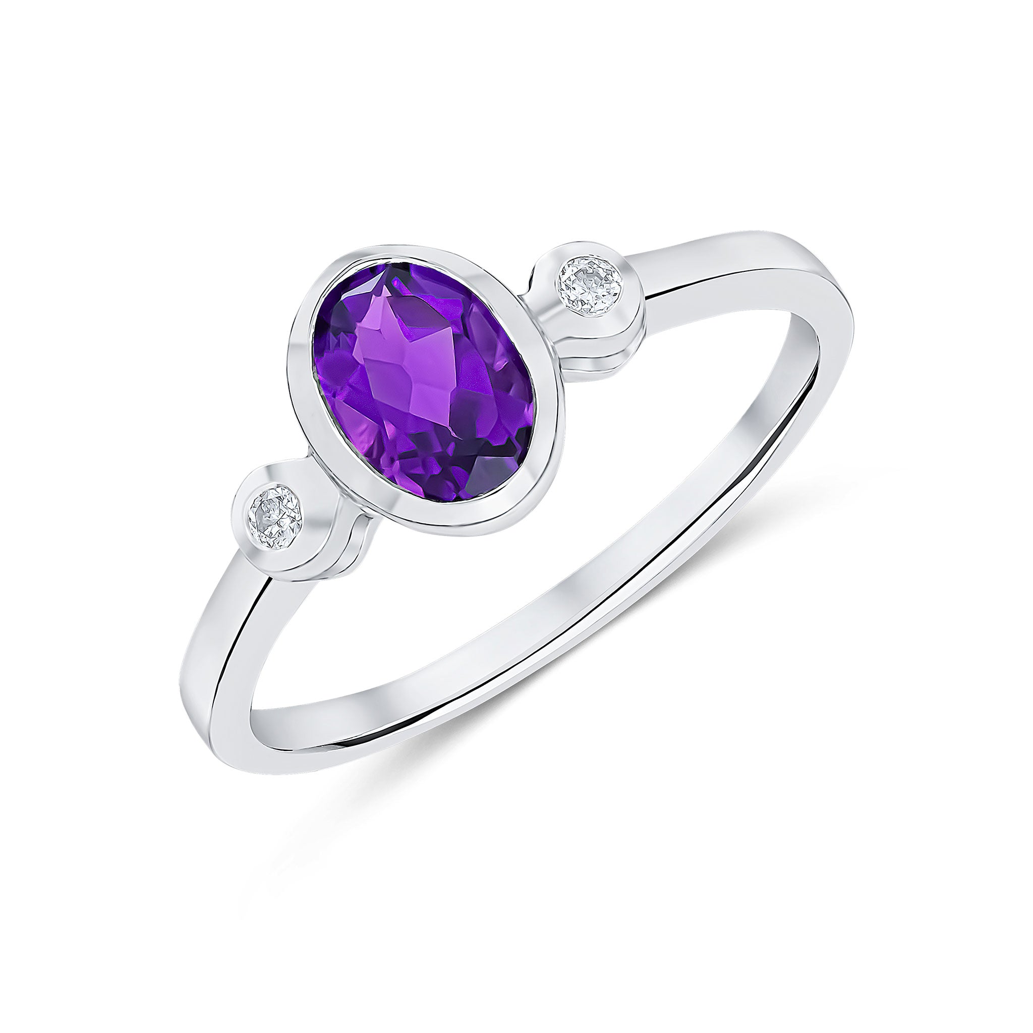 9ct White Gold 7x5 Oval Amethyst and Round Diamond 3 Stone Rubover Ring