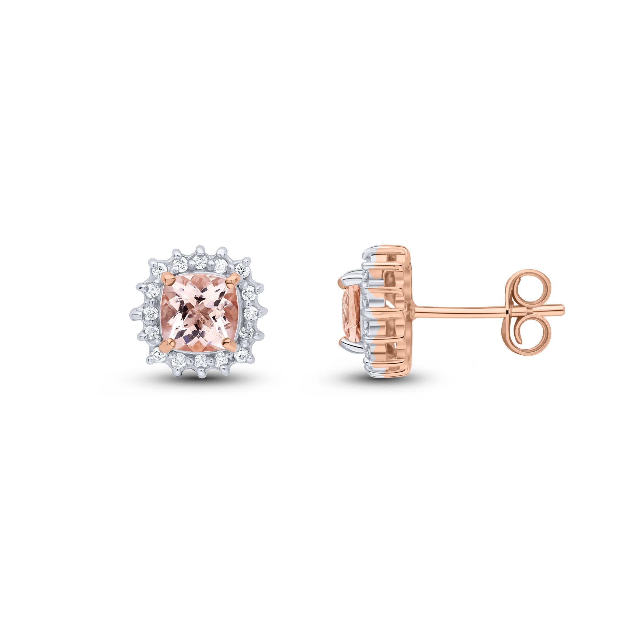 9ct rose gold 5mm Cushion morganite & Diamond Cluster Earrings