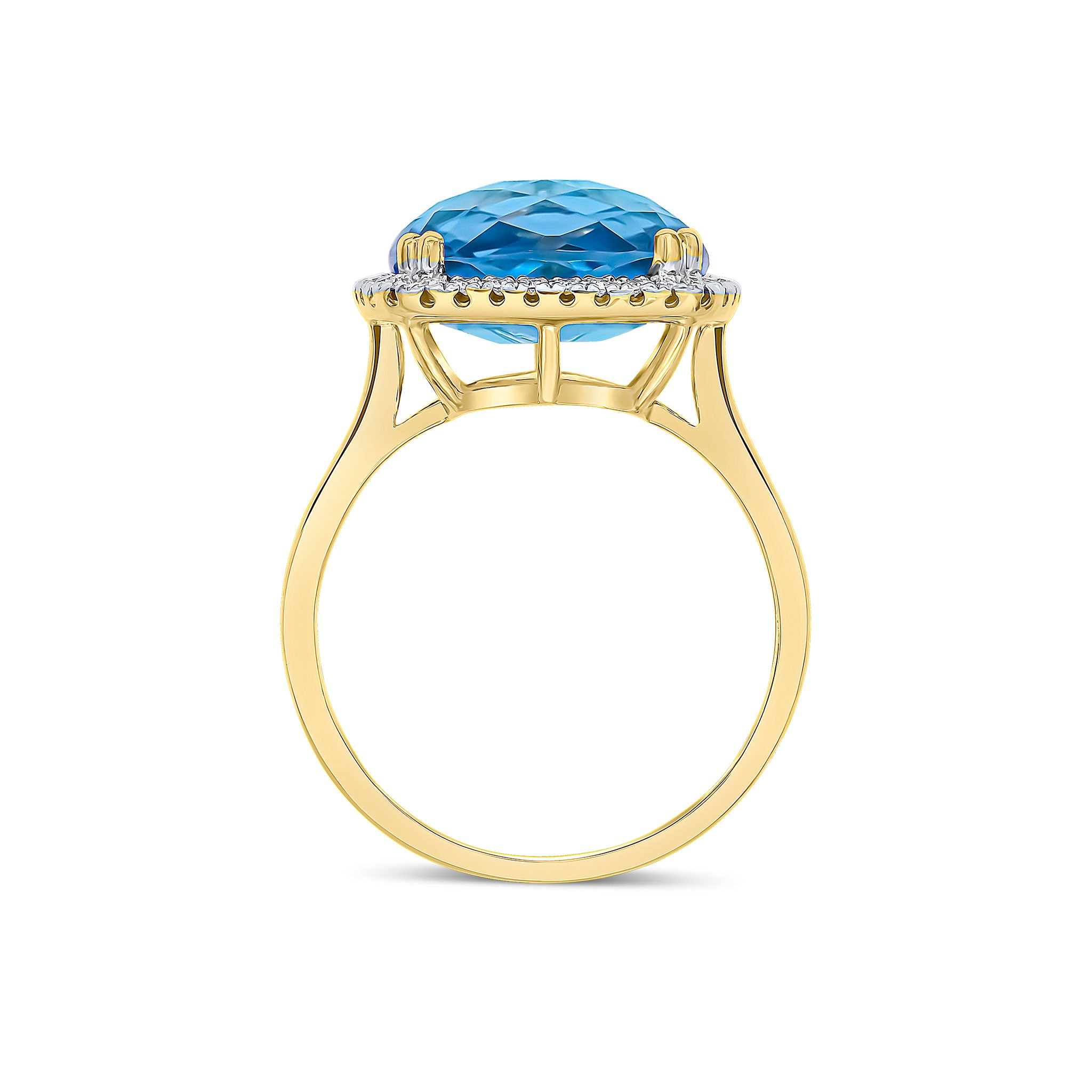 9CT YG 12MM CHECKERBOARD CUT CUSHION SWISS BLUE TOPAZ AND ROUND DIAMOND CLAW SET CLUSTER RING. RHODIUM TO DIAMONDS 1