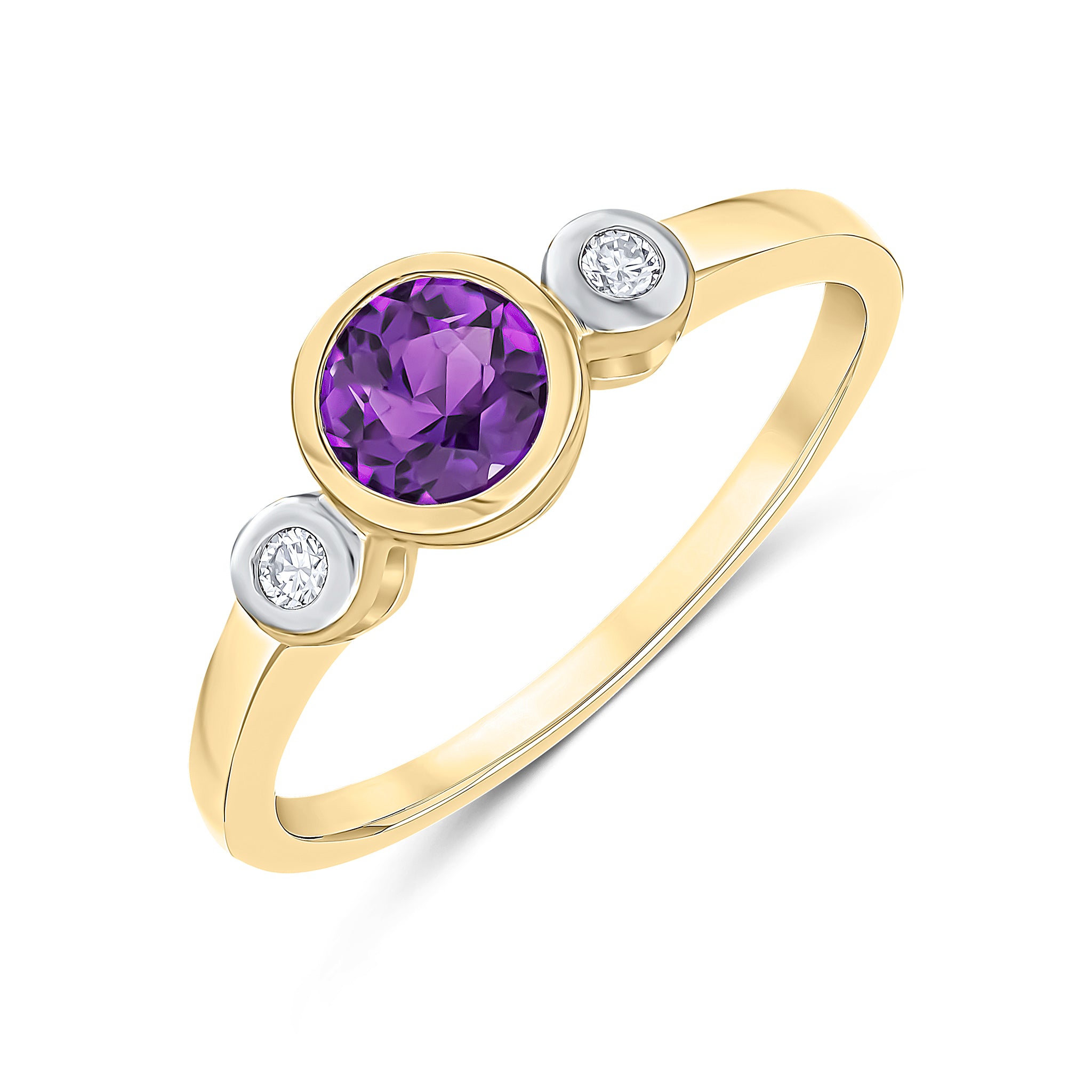 9ct Yellow Gold 5mm Round Amethyst and Diamond Rubover 3 Stone Ring Rhodium to Diamonds