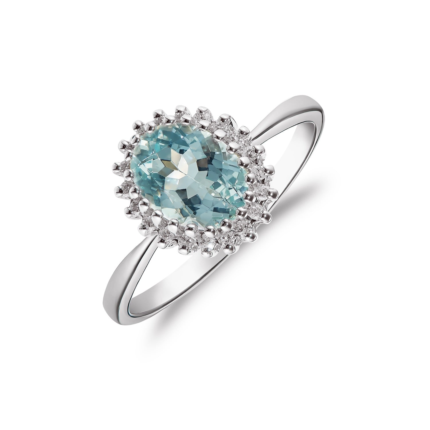 9ct White Gold 8x6 Oval Aquamarine & Diamond Cluster Claw Set Ring
