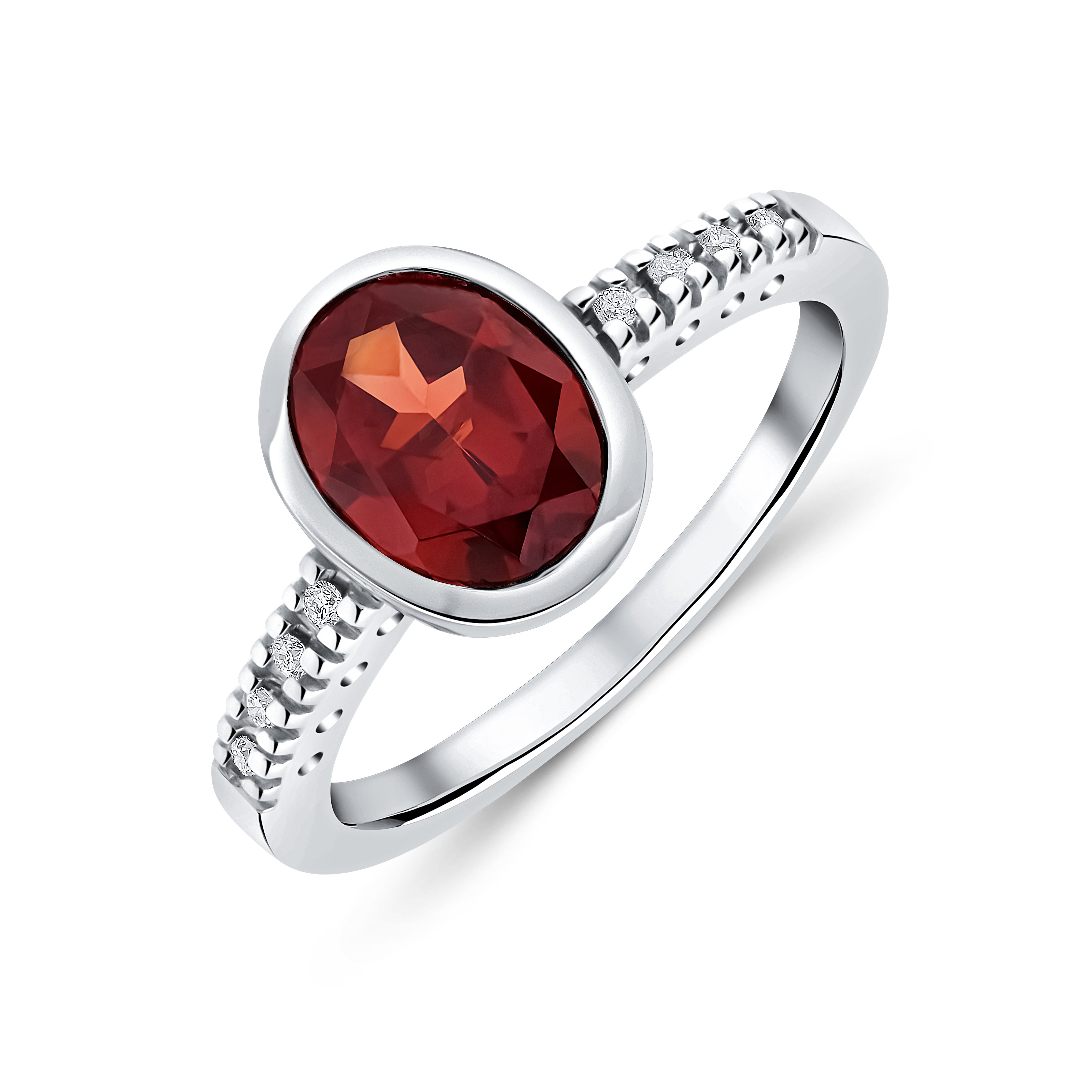 9CT WG RUBOVER 9X7 OVAL GARNET SINGLE STONE RING WITH CLAW SET DIAMOND SHOULDERS 1