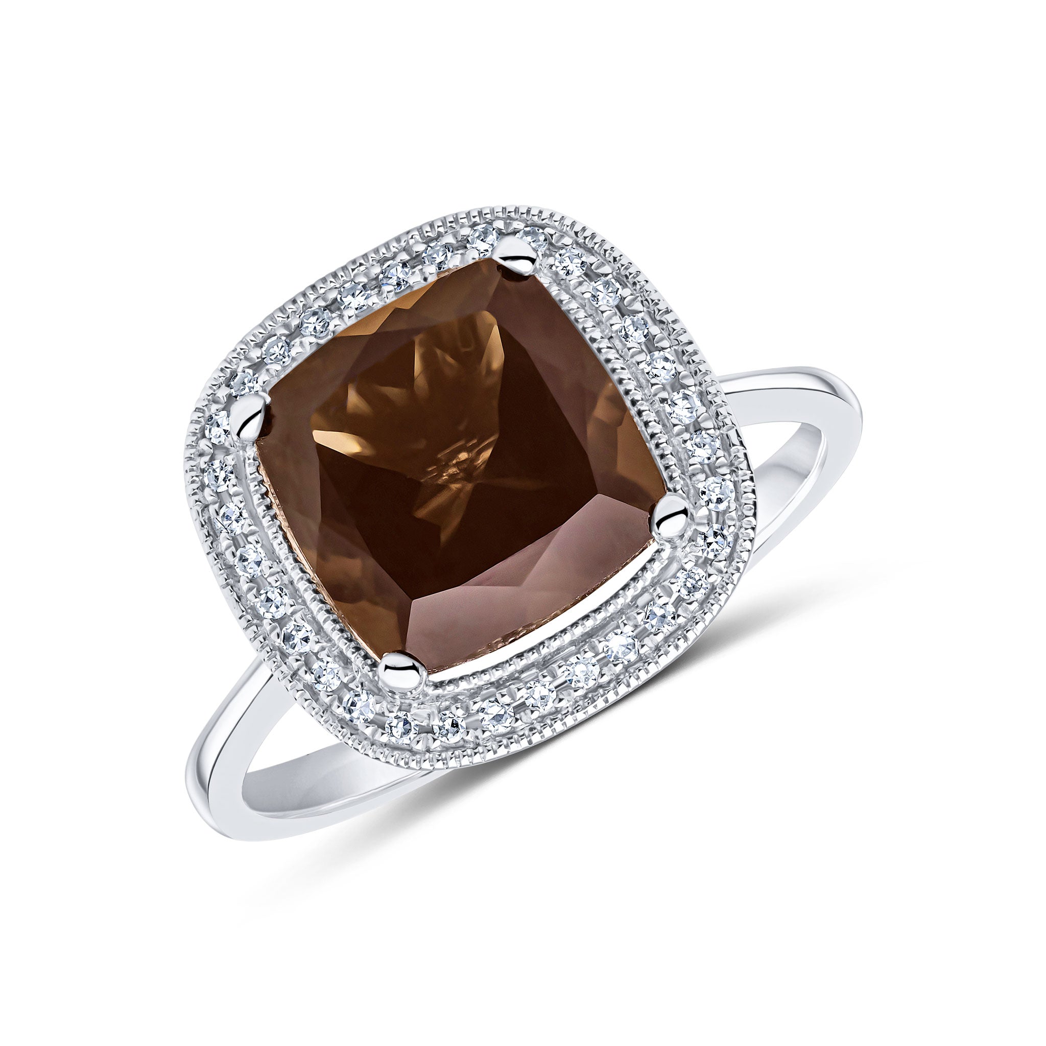 9ct White Gold 9mm Cushion Smoky Quartz & Diamond Cluster Ring