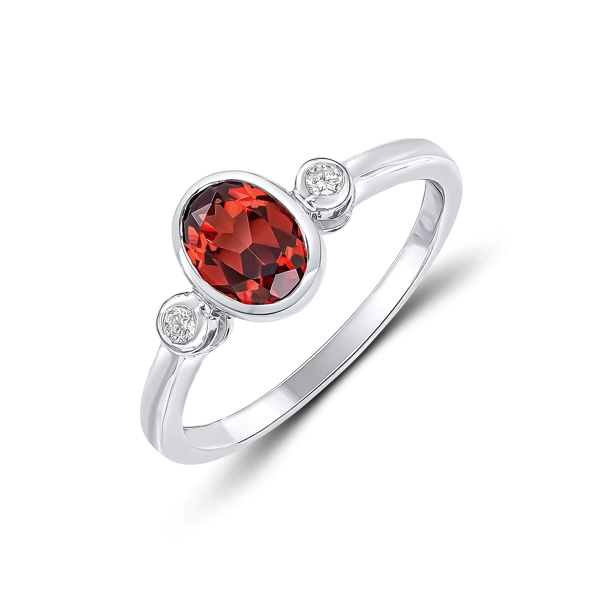 9ct White Gold 7x5 Oval Garnet and Round Diamond 3 Stone Rubover Ring