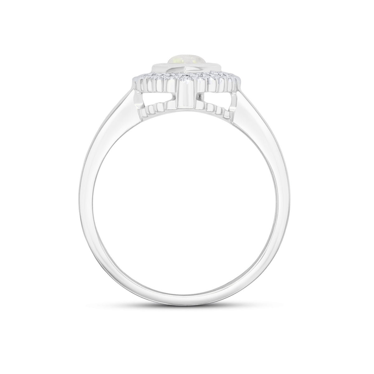 9ct White Gold Pear Shape Rubover Opal and Milgrain Round Diamond Cluster Ring